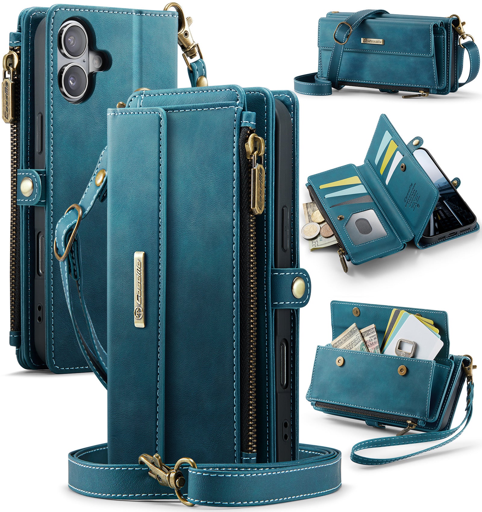 iPhone 17 Crossbody Case with Strap, Card Slots & Zipper Pocket [Teal]