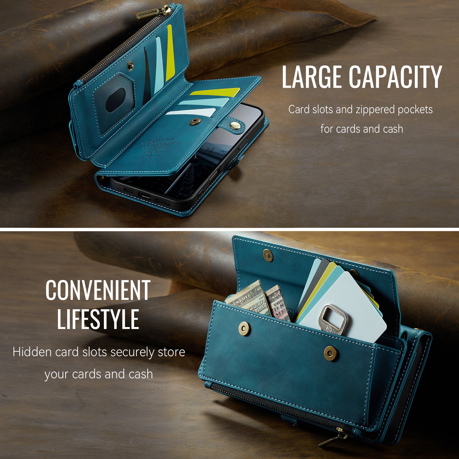 iPhone 17 Crossbody Case with Strap, Card Slots & Zipper Pocket [Teal]