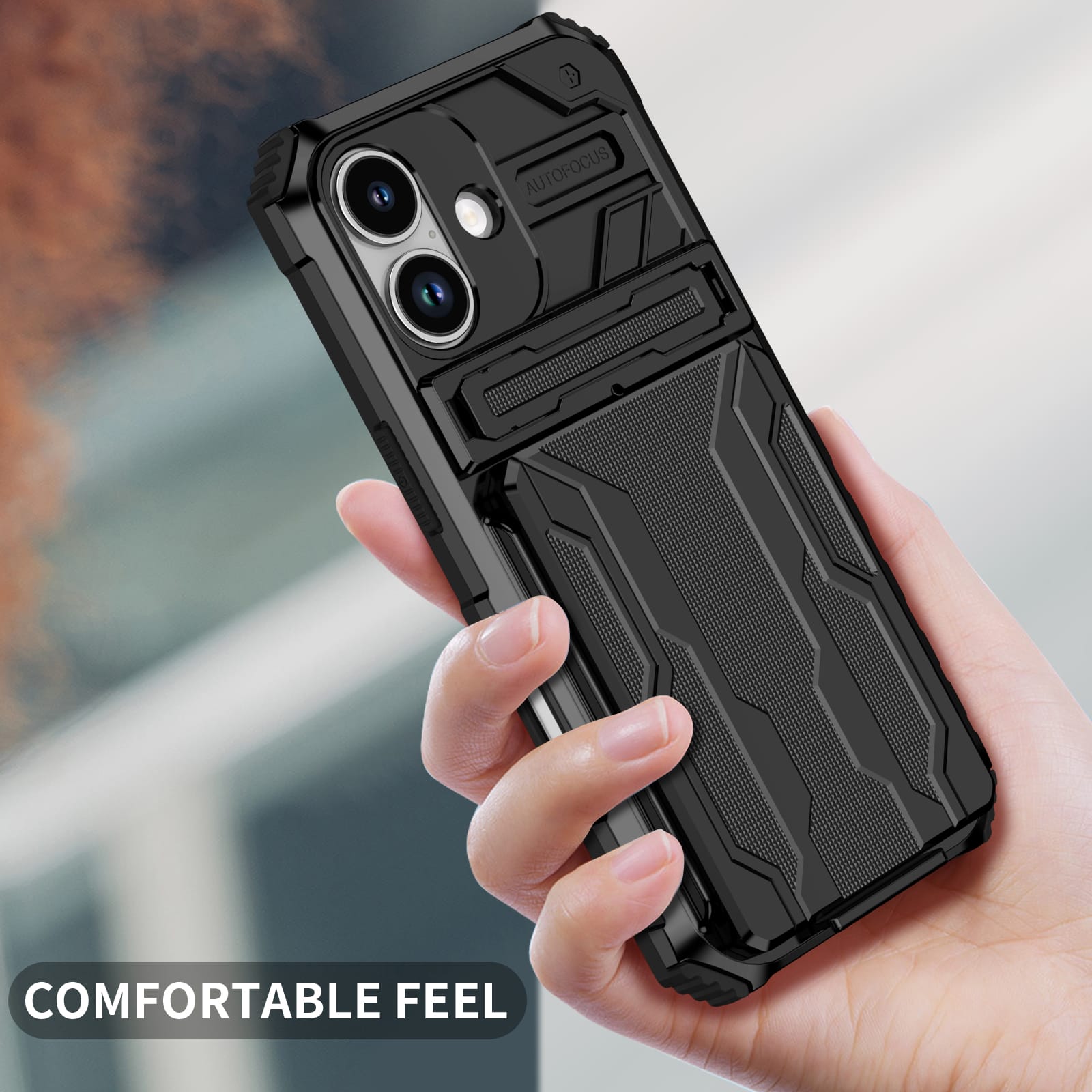 iPhone 17 Rugged Case with Card Holder & Kickstand [Black]