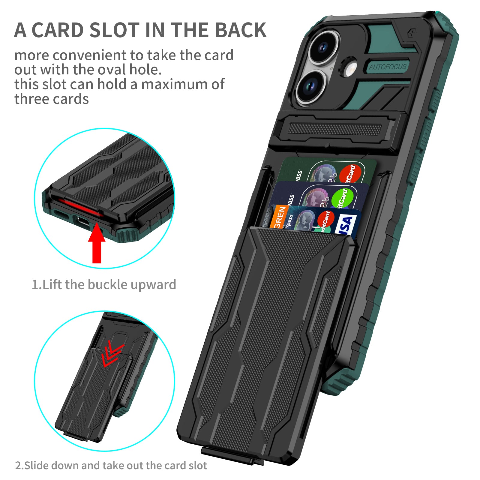 iPhone 17 Heavy Duty Kickstand Card Holder Case Shockproof Teal