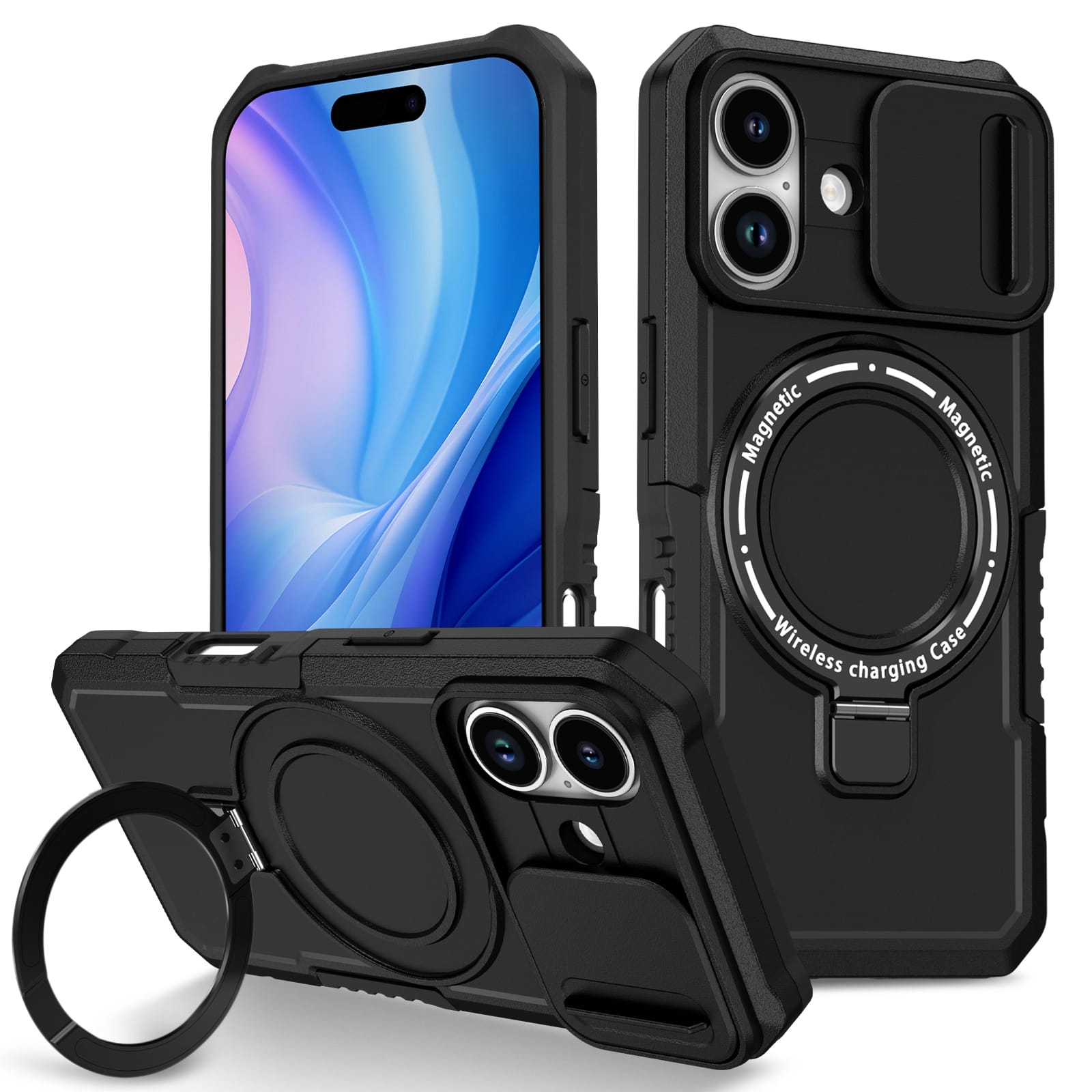 iPhone 17 MagSafe Case with Sliding Camera Cover & Ring Stand [Black]