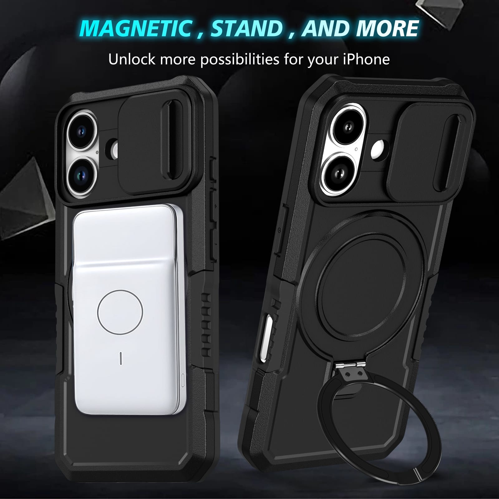 iPhone 17 MagSafe Case with Sliding Camera Cover & Ring Stand [Black]