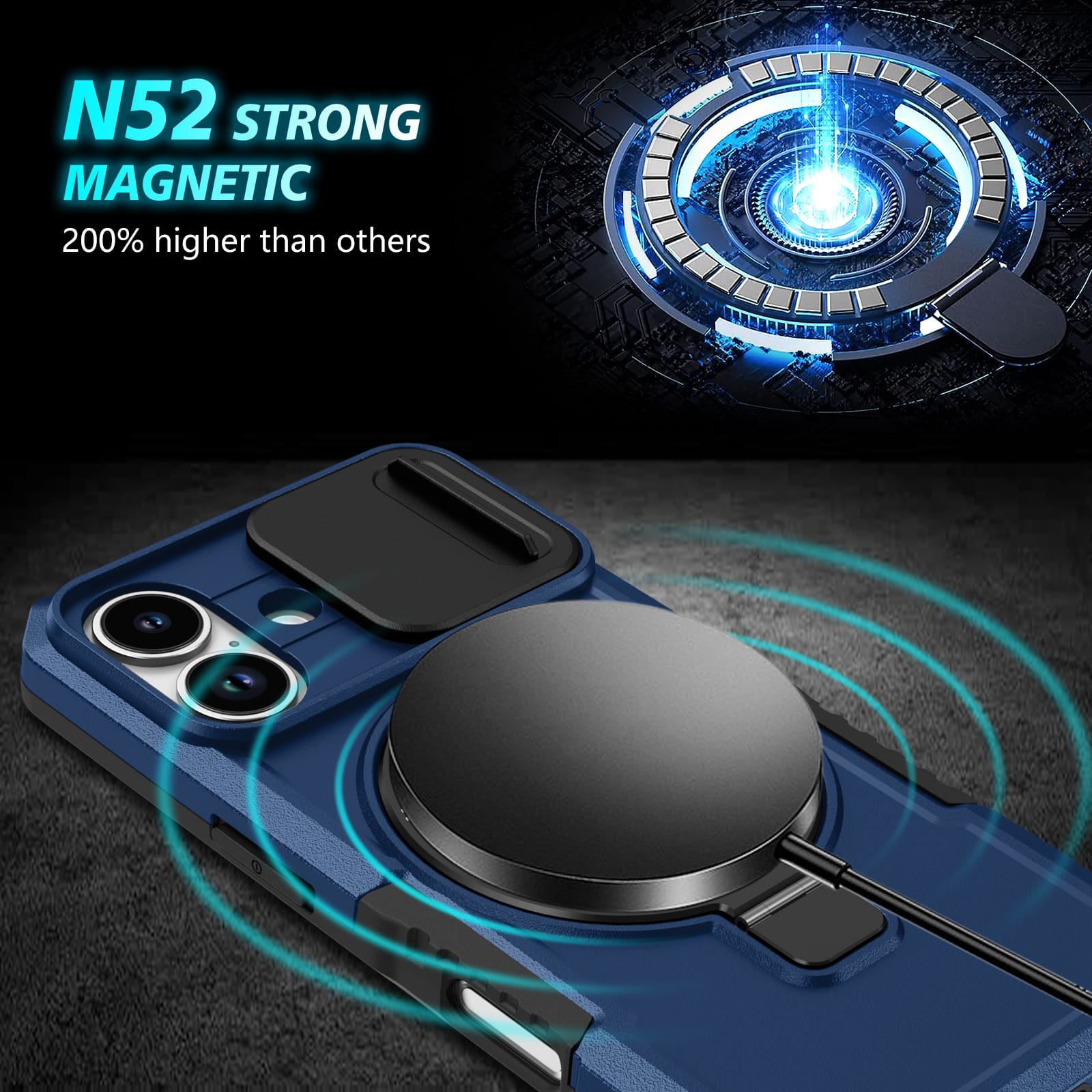 iPhone 17 MagSafe Case with Sliding Camera Cover & Ring Stand [Navy]