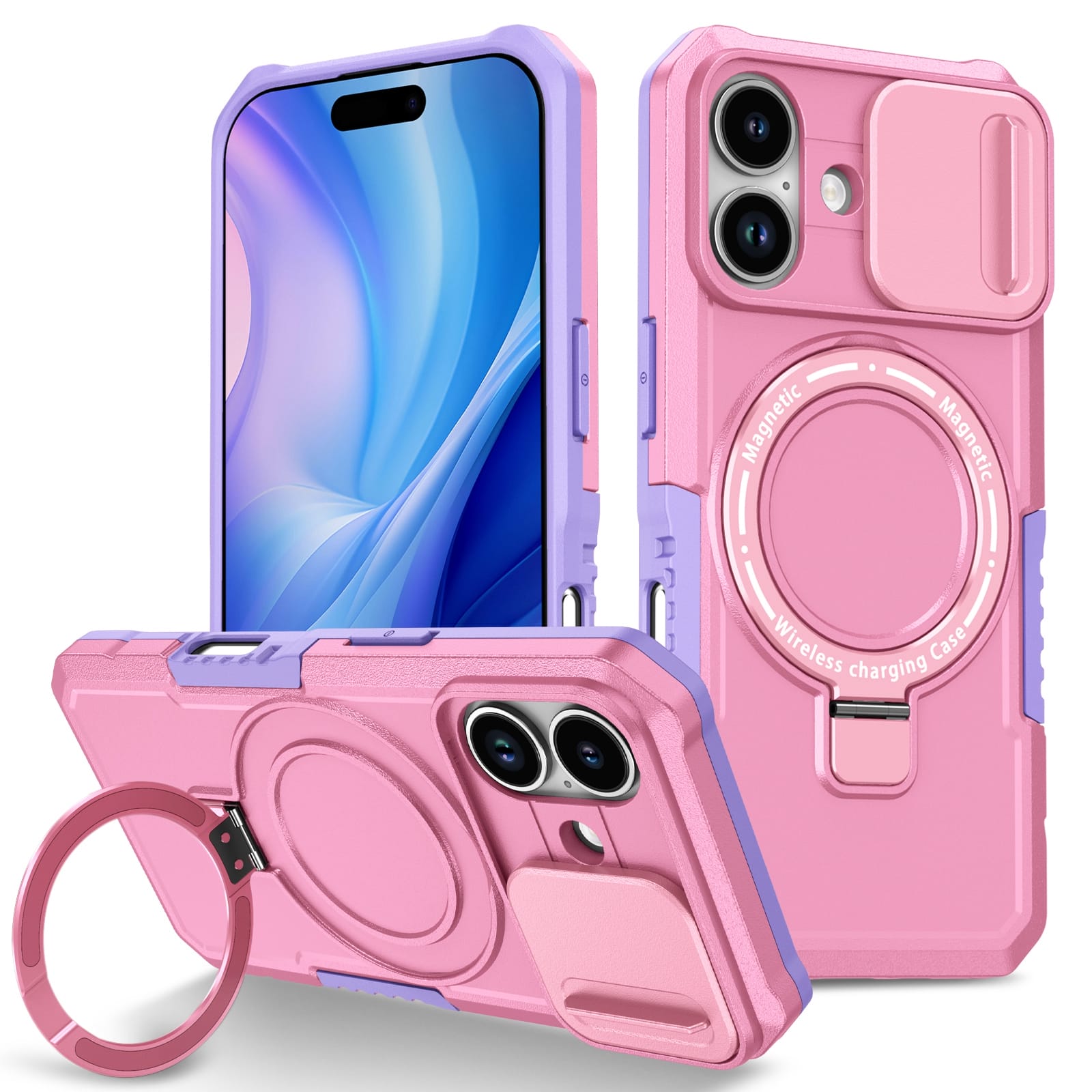 iPhone 17 MagSafe Case with Sliding Camera Cover & Ring Stand [PinkWhite]