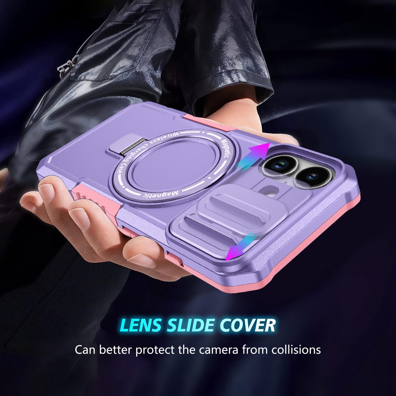 iPhone 17 MagSafe Case with Sliding Camera Cover & Ring Stand [Purple]