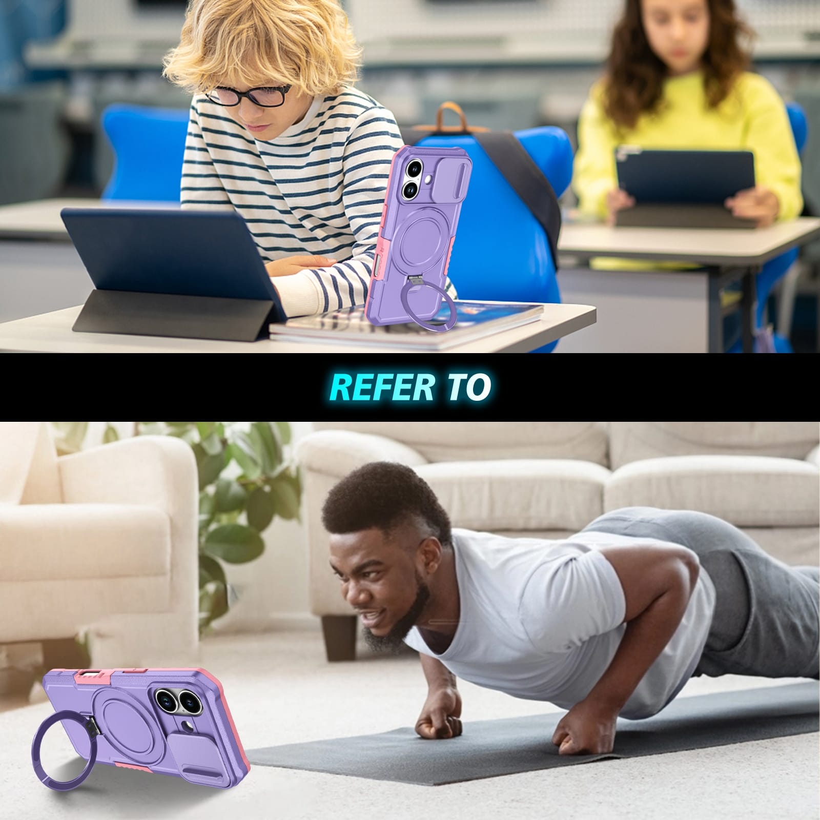 iPhone 17 MagSafe Case with Sliding Camera Cover & Ring Stand [Purple]