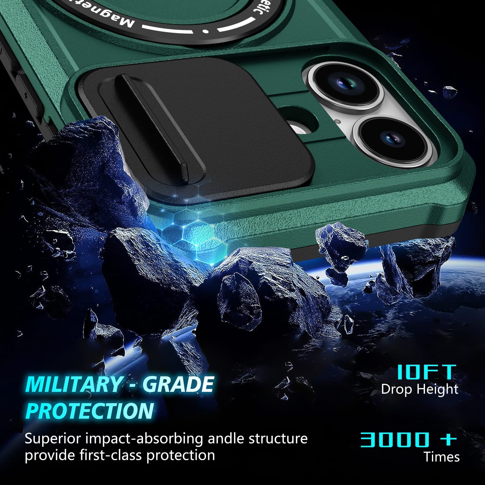 iPhone 17 MagSafe Case with Sliding Camera Cover & Ring Stand [Teal]
