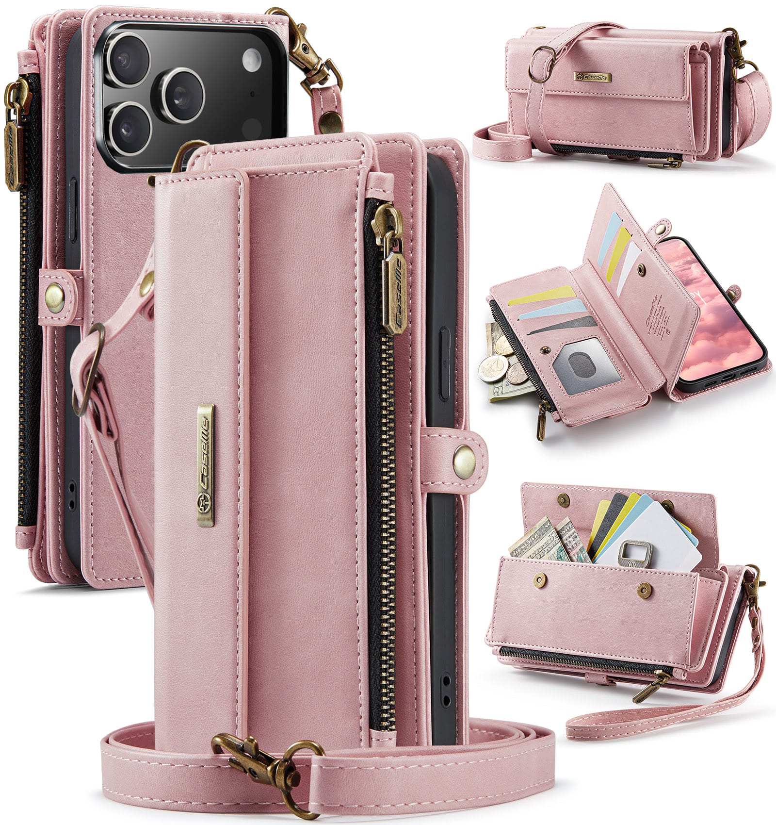 iPhone 17 Pro Crossbody Case with Strap, Card Slots & Zipper Pocket [Pink]