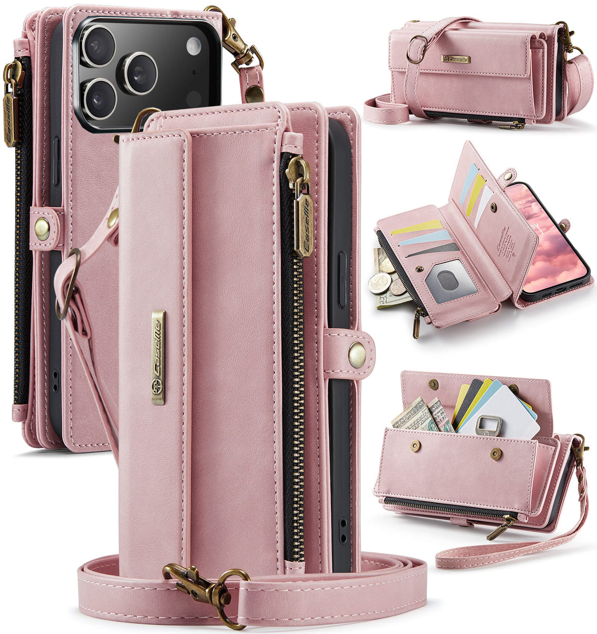 iPhone 18 Pro / 17 Pro Crossbody Case with Strap, Card Slots & Zipper Pocket [Pink]
