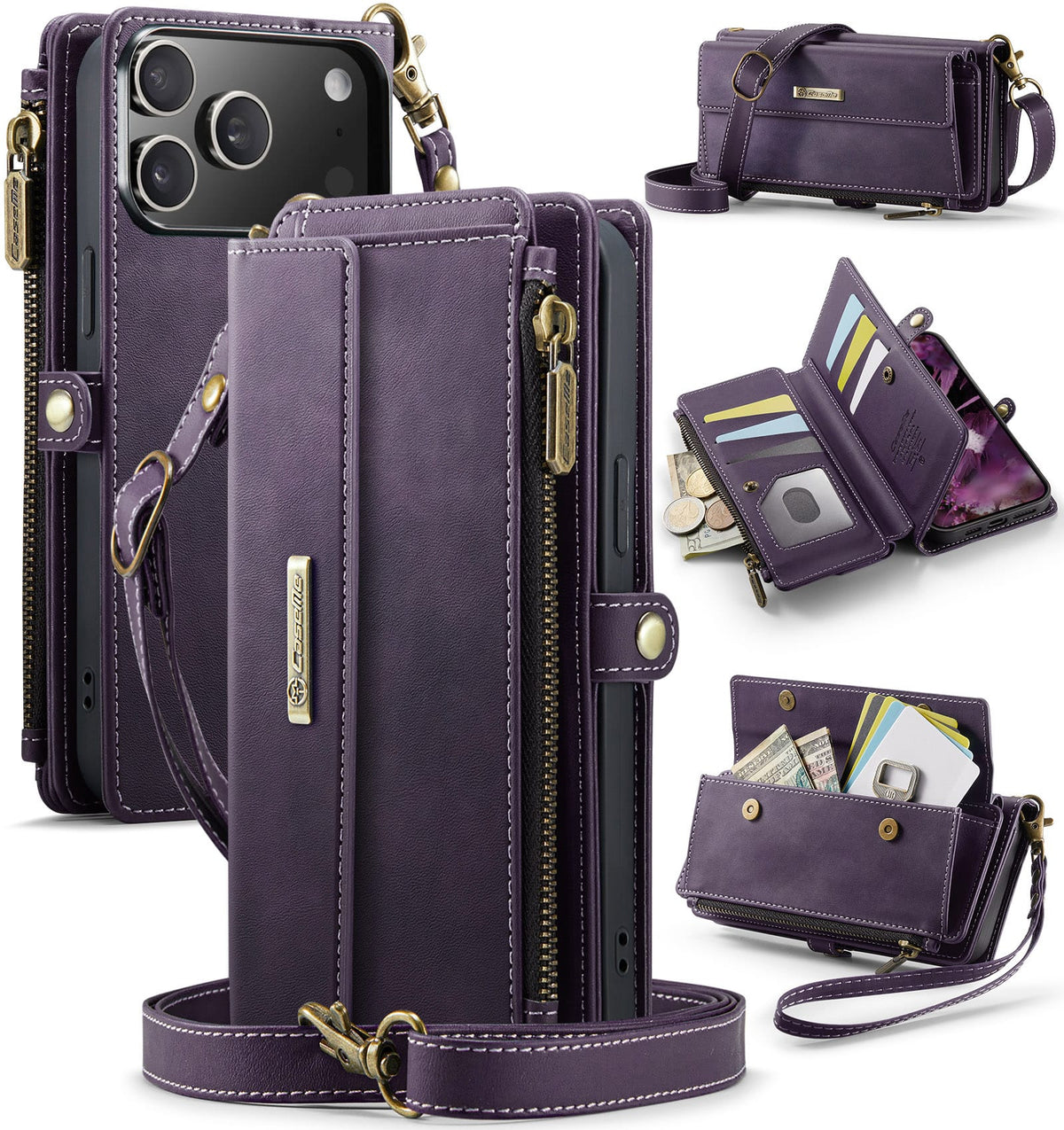 iPhone 18 Pro / 17 Pro Crossbody Case with Strap, Card Slots & Zipper Pocket [Purple]