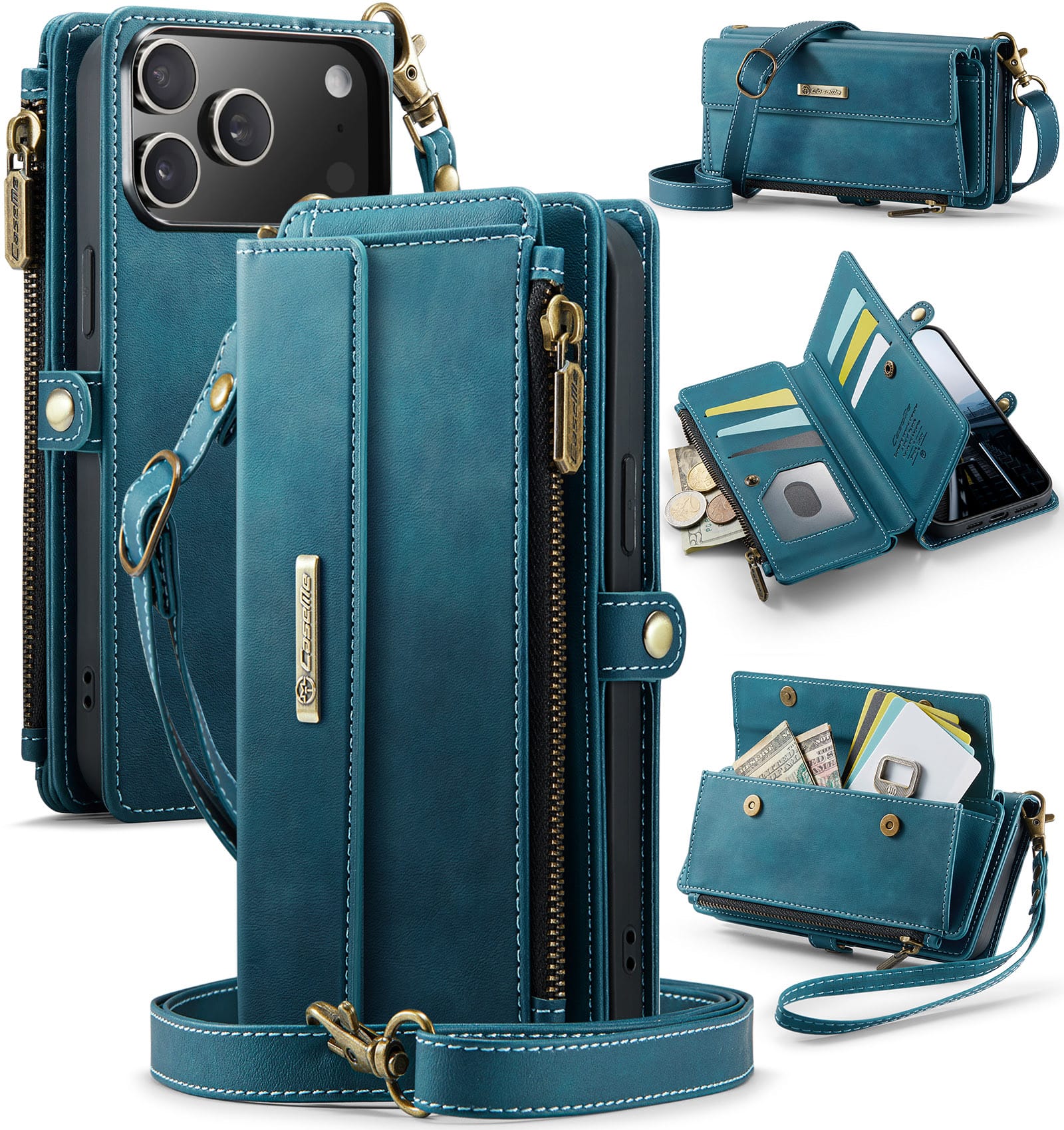 iPhone 17 Pro Crossbody Case with Strap, Card Slots & Zipper Pocket [Teal]