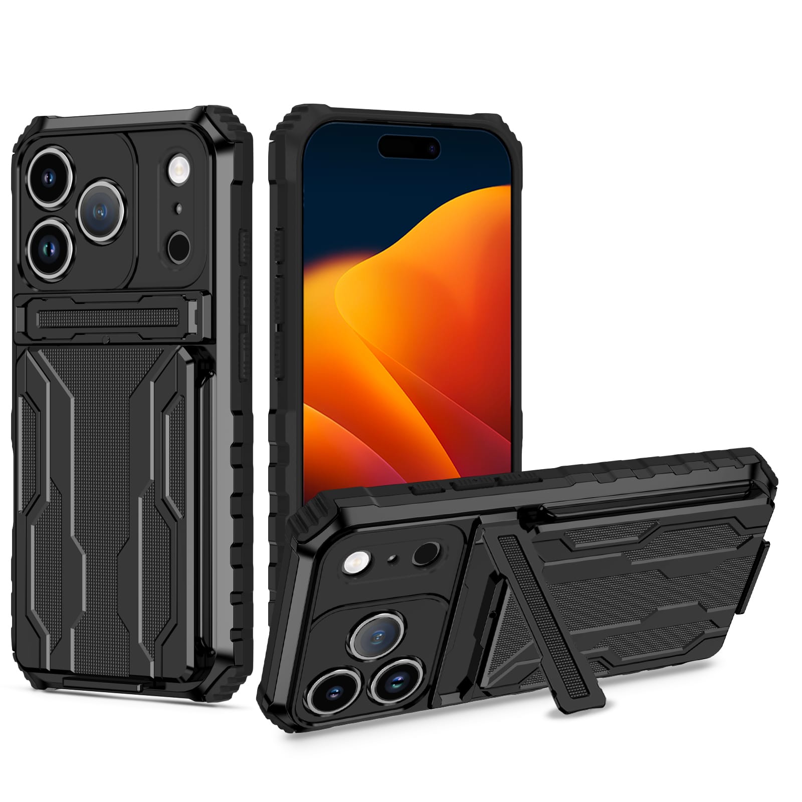 iPhone 18 Pro / 17 Pro Heavy Duty Kickstand Card Holder Case Shockproof Black