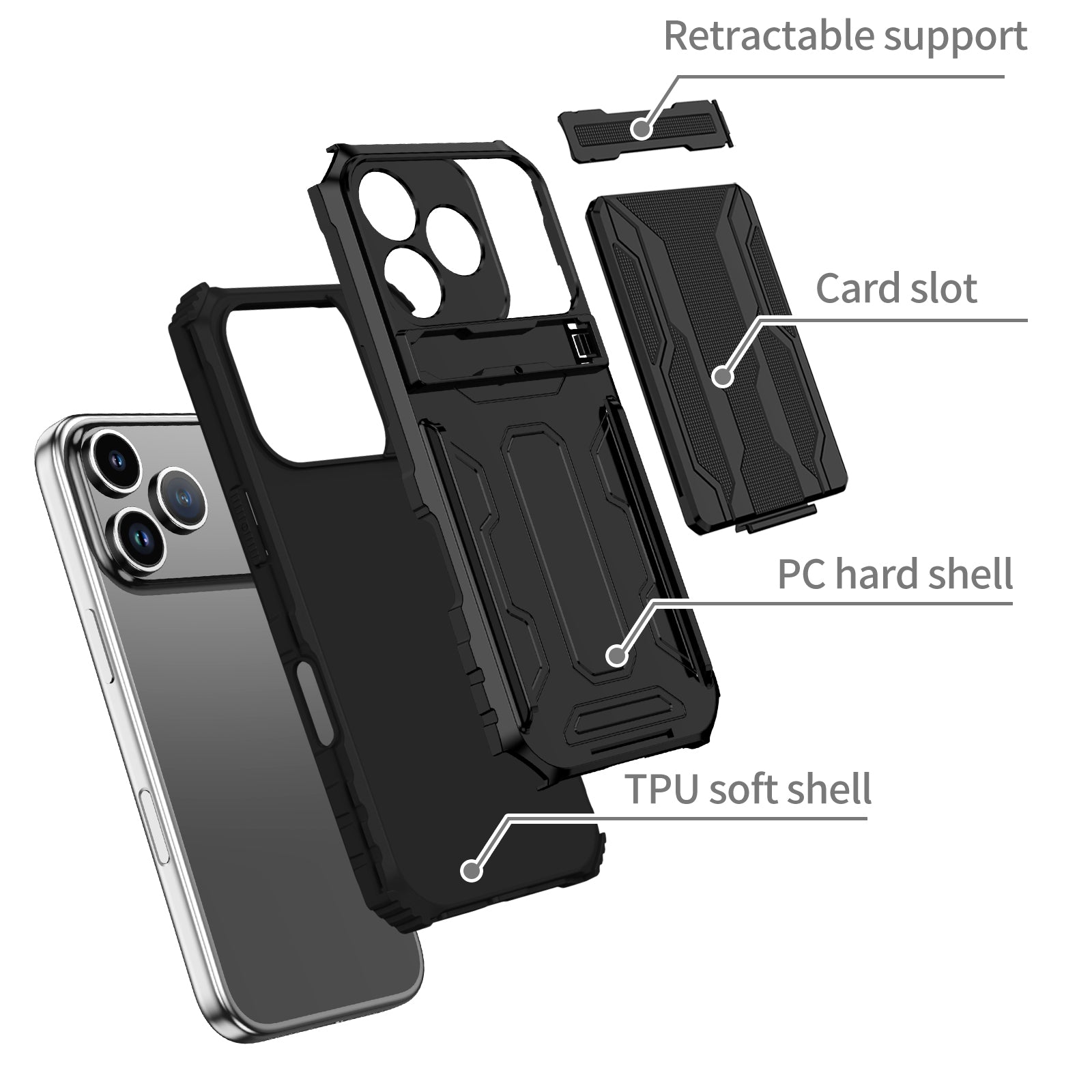 iPhone 17 Pro Rugged Case with Card Holder & Kickstand [Black]