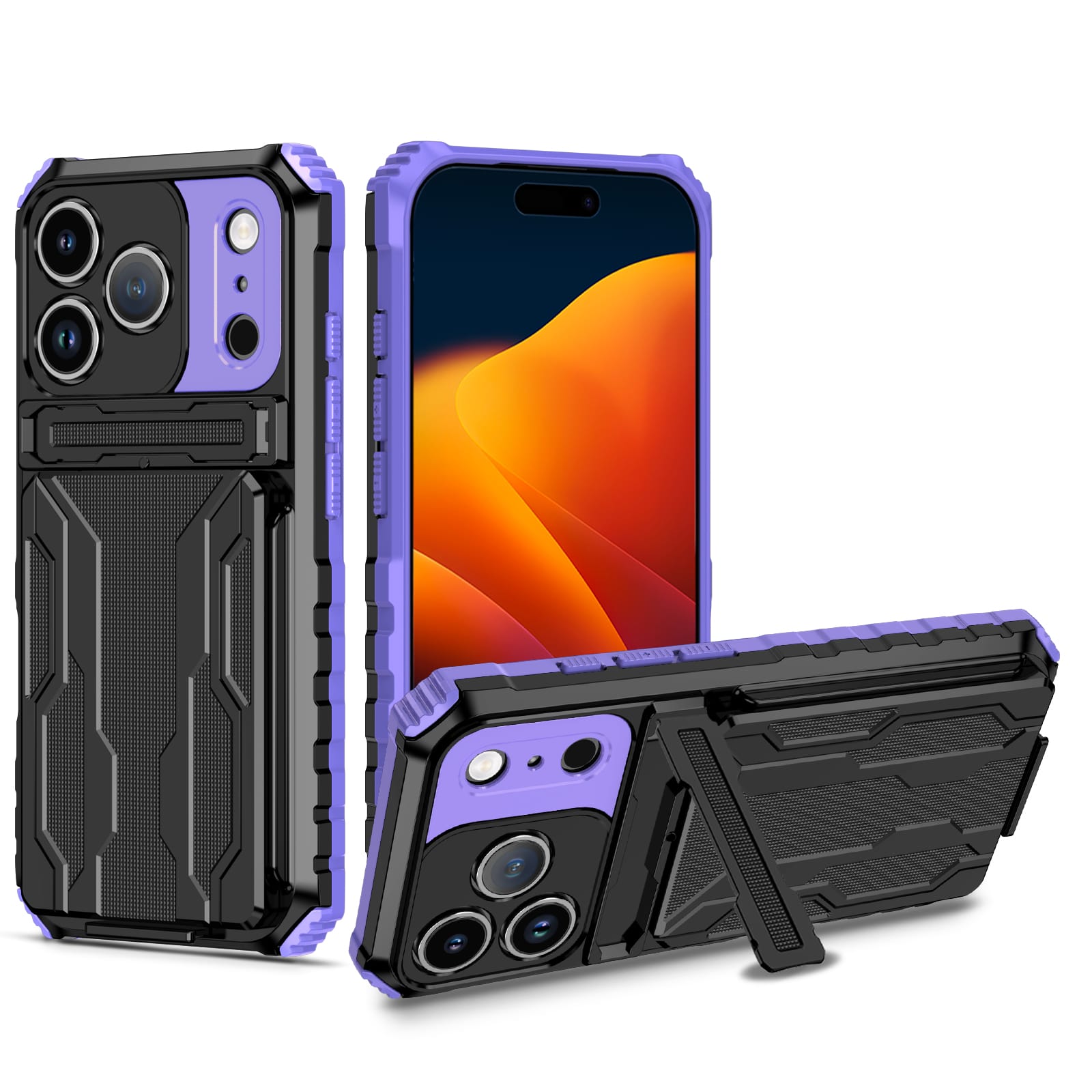 iPhone 18 Pro / 17 Pro Heavy Duty Kickstand Card Holder Case Shockproof Purple