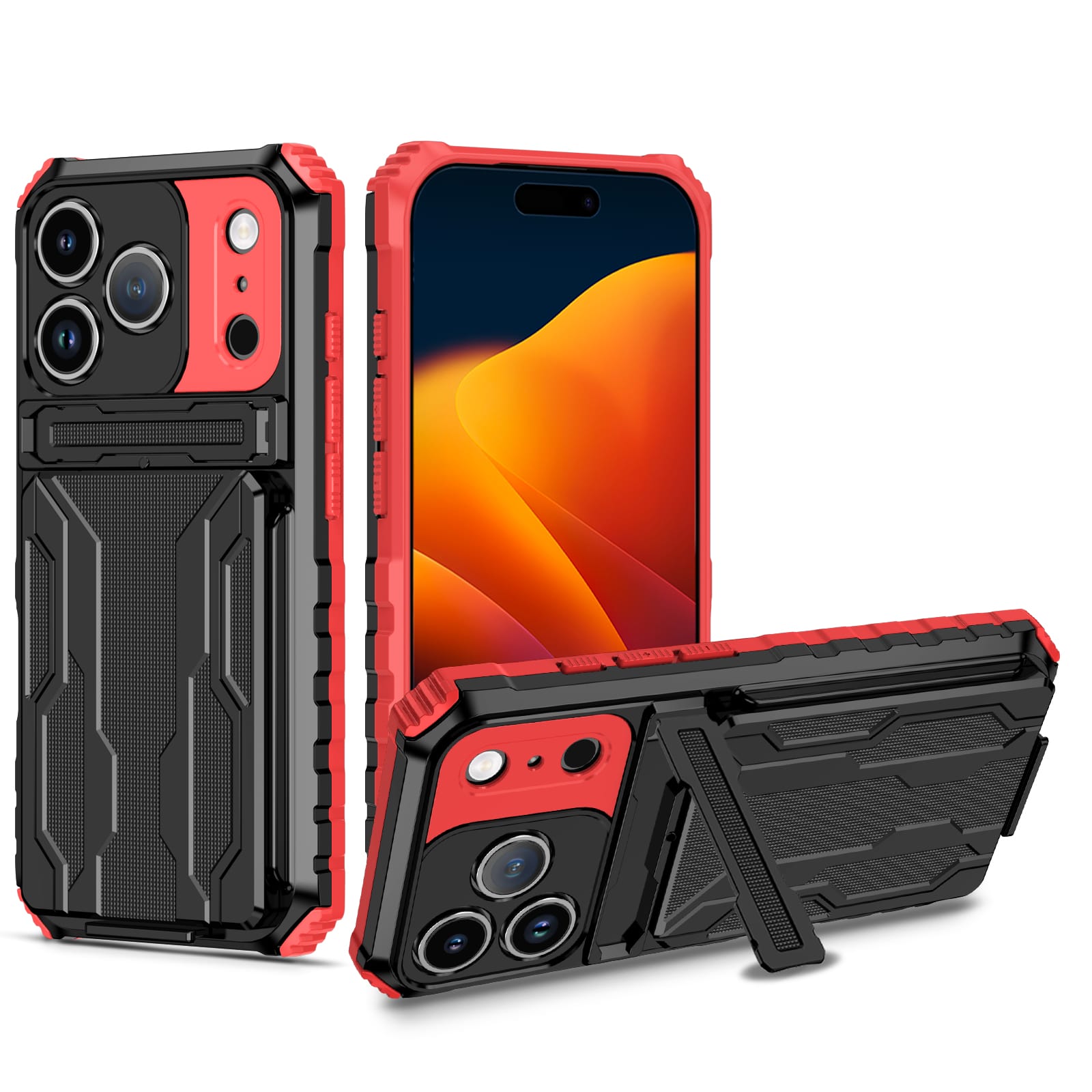 iPhone 18 Pro / 17 Pro Heavy Duty Kickstand Card Holder Case Shockproof Red