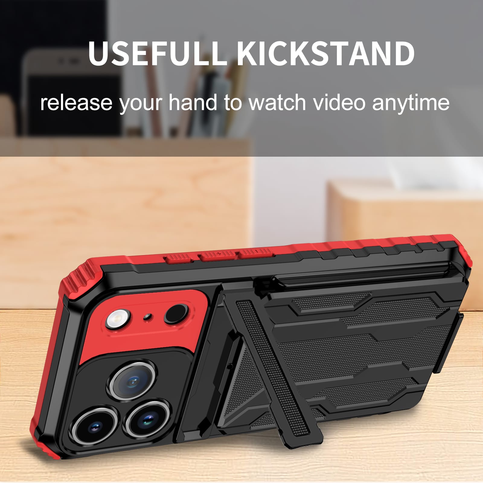iPhone 17 Pro Rugged Case with Card Holder & Kickstand [Red]