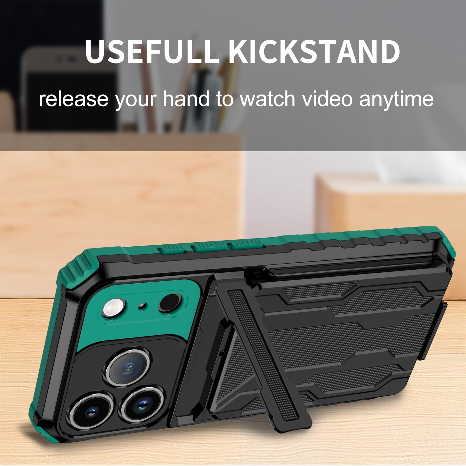 iPhone 17 Pro Rugged Case with Card Holder & Kickstand [Teal]