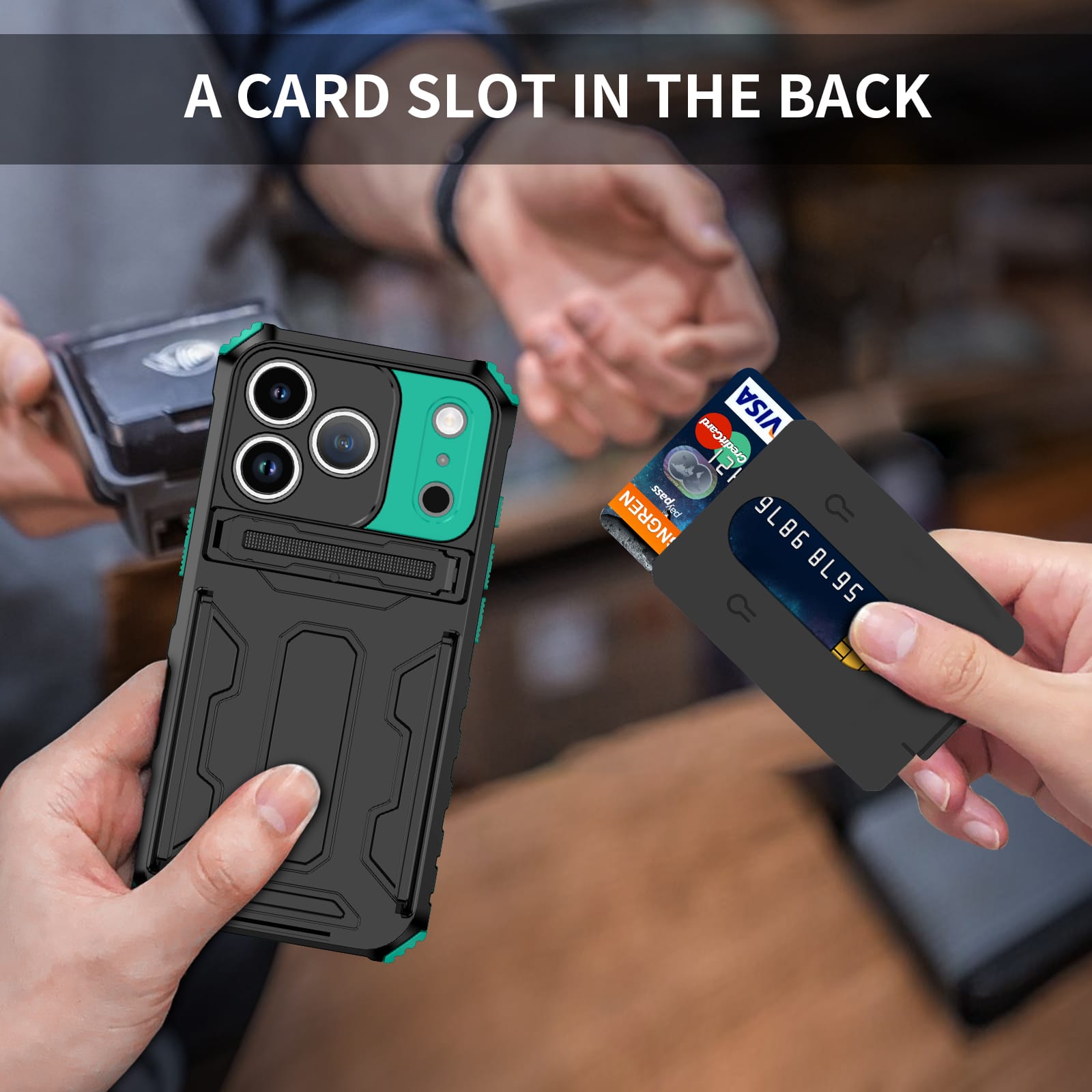 iPhone 17 Pro Rugged Case with Card Holder & Kickstand [Teal]