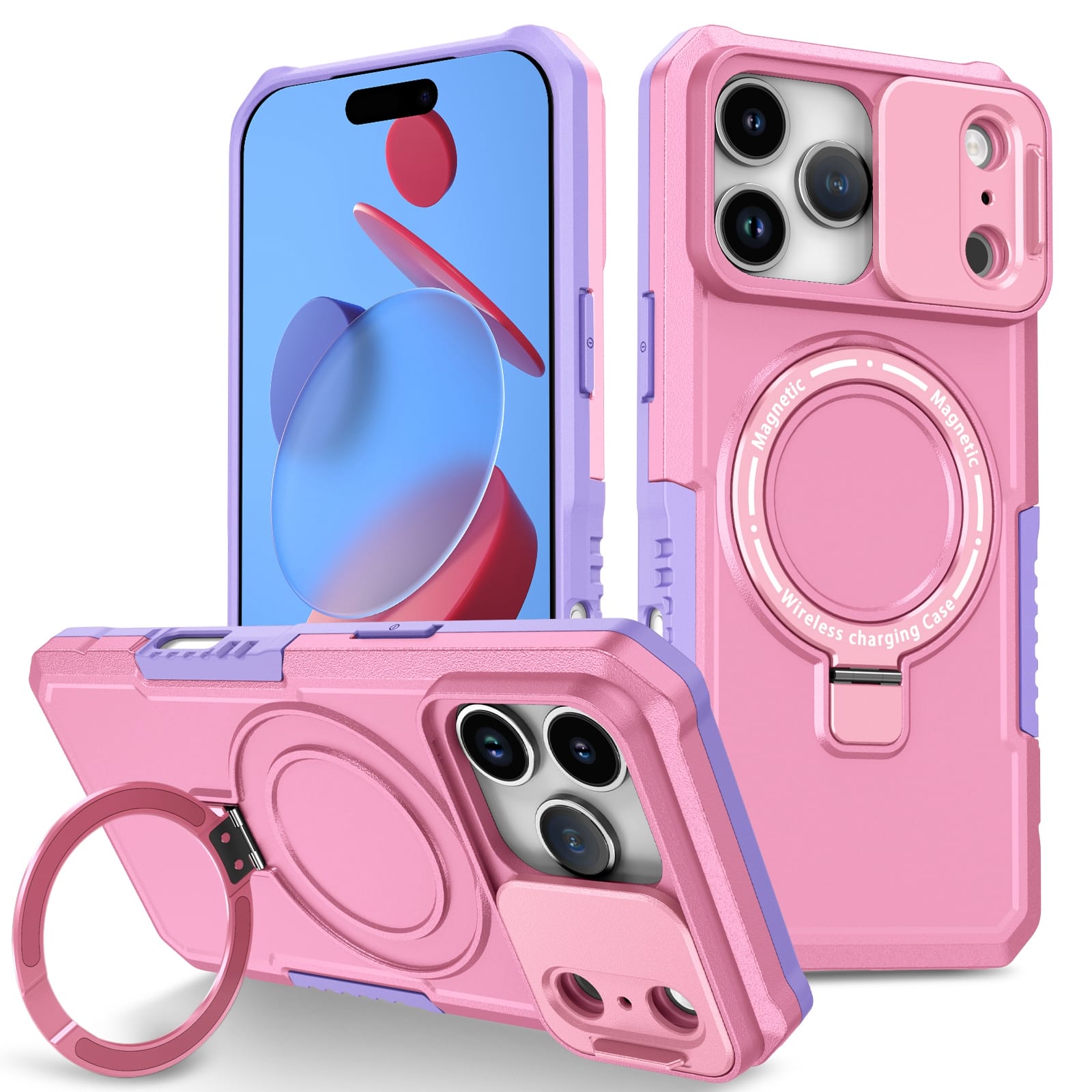 iPhone 18 Pro / 17 Pro MagSafe Case with Sliding Camera Cover & Ring Stand [PinkWhite]