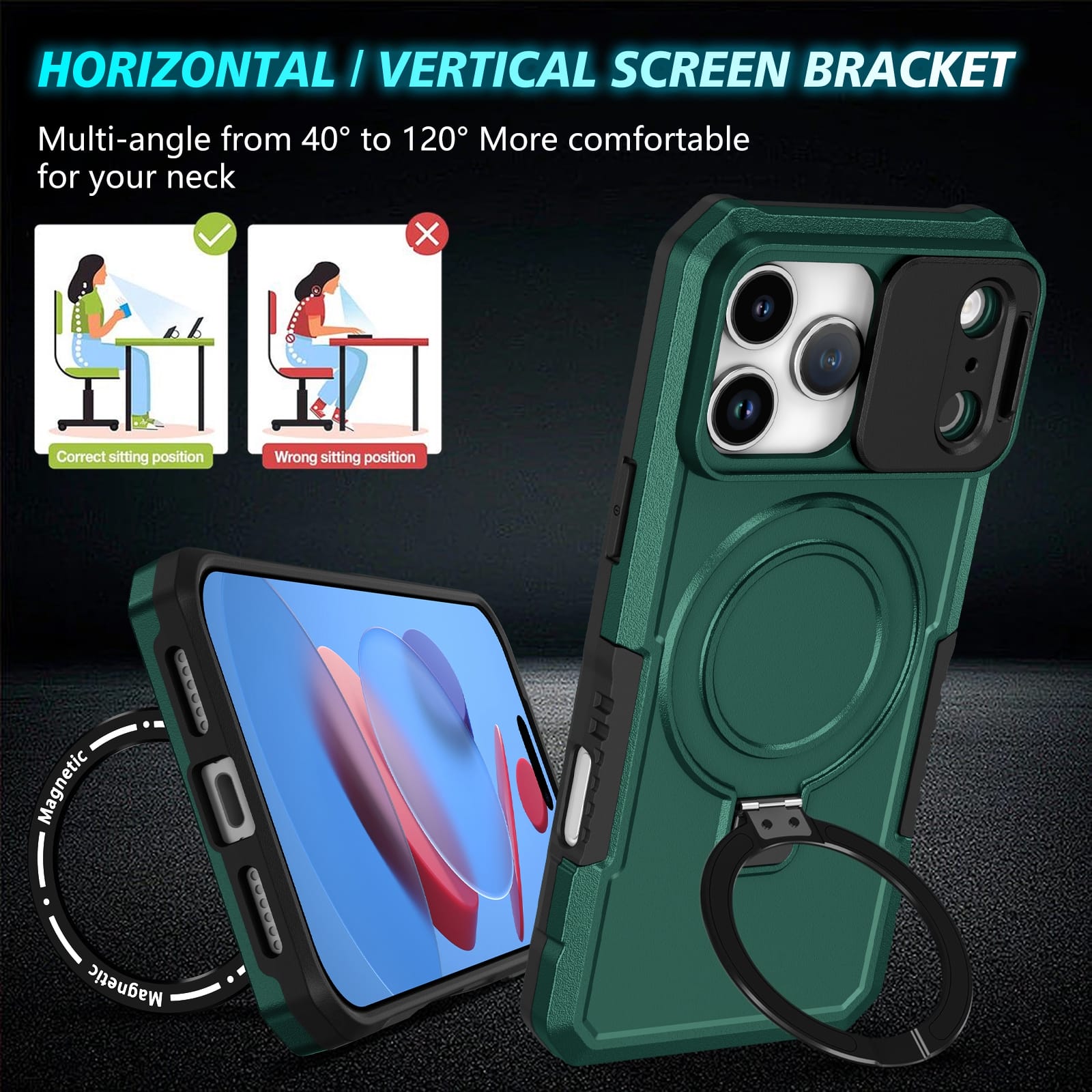 iPhone 17 Pro MagSafe Case with Sliding Camera Cover & Ring Stand [Teal]