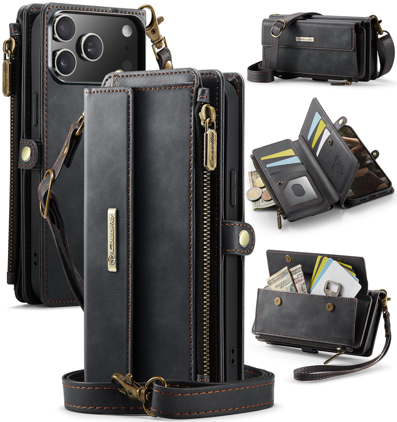 iPhone 17 Pro Max Crossbody Case - Strap, Card Slots & Zipper Pocket [Black]
