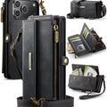 iPhone 18 Pro Max / 17 Pro Max Crossbody Case - Strap, Card Slots & Zipper Pocket [Black] - Black