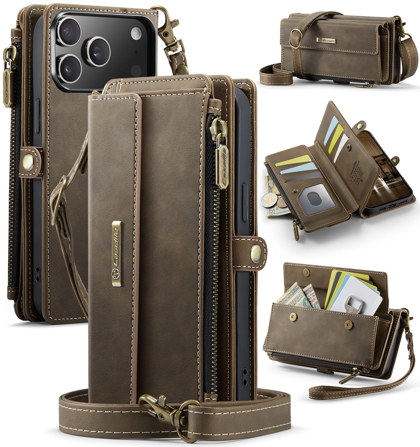 iPhone 17 Pro Max Crossbody Case - Strap, Card Slots & Zipper Pocket [Coffee]