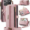 iPhone 18 Pro Max / 17 Pro Max Crossbody Case - Strap, Card Slots & Zipper Pocket [Pink] - Pink