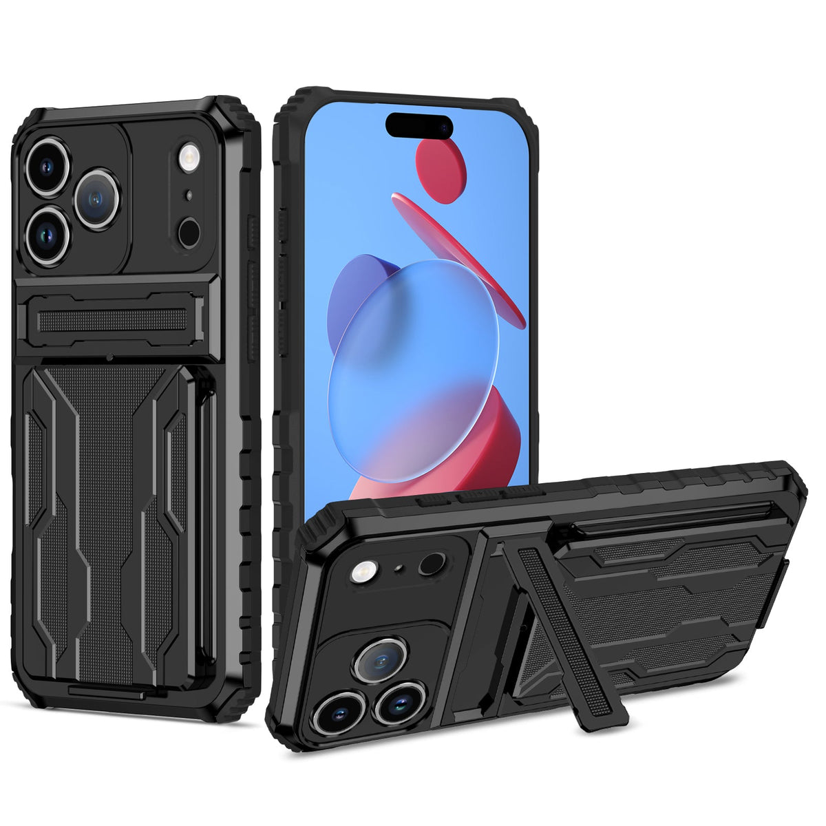 iPhone 18 Pro Max / 17 Pro Max Heavy Duty Kickstand Card Holder Case Shockproof Black