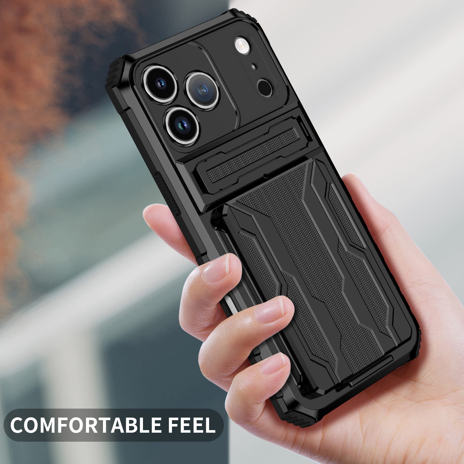 iPhone 17 Pro Max Rugged Case with Card Holder & Kickstand [Black]