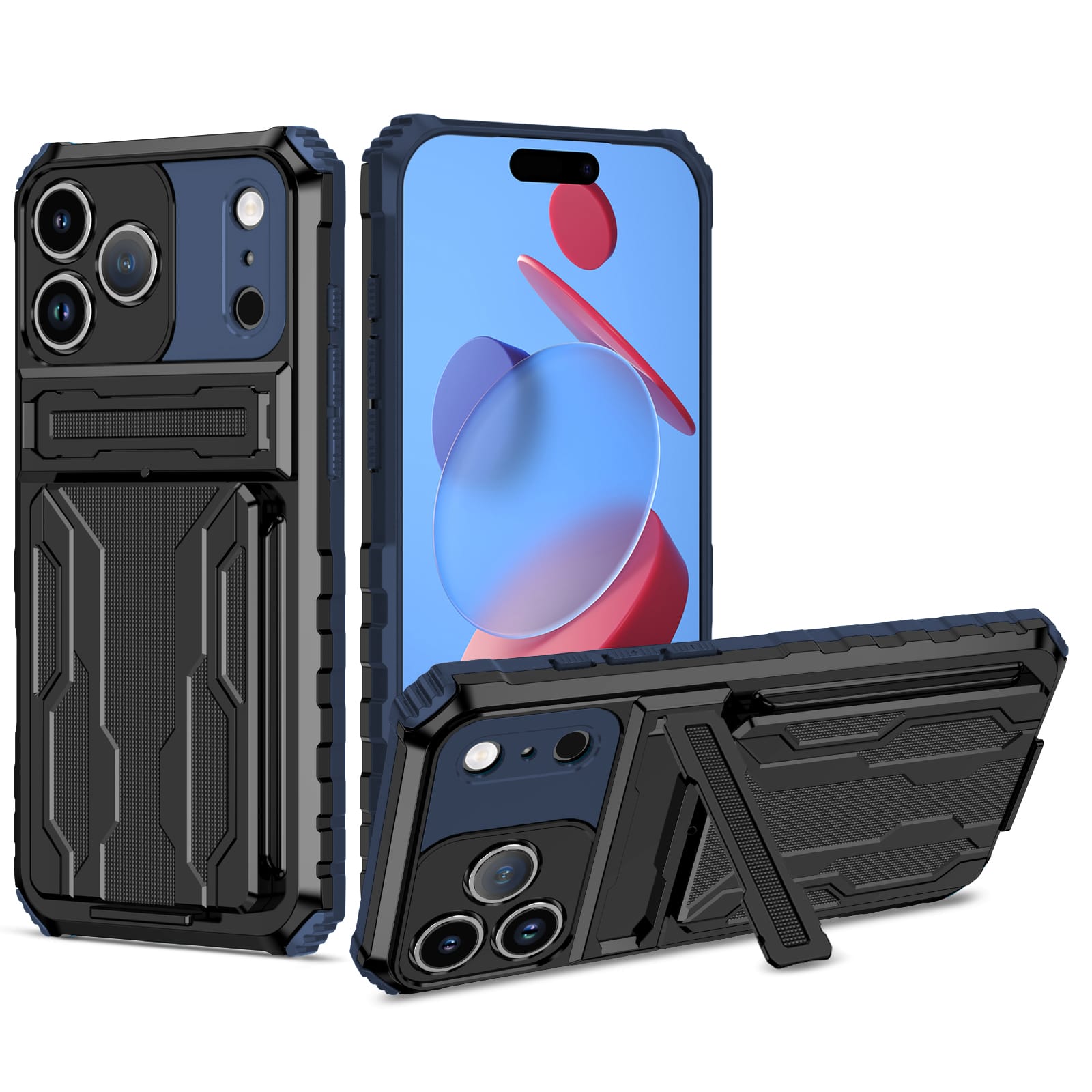 iPhone 18 Pro Max / 17 Pro Max Heavy Duty Kickstand Card Holder Case Shockproof Navy