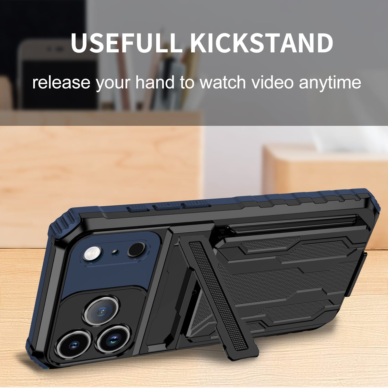 iPhone 17 Pro Max Rugged Case with Card Holder & Kickstand [Navy]