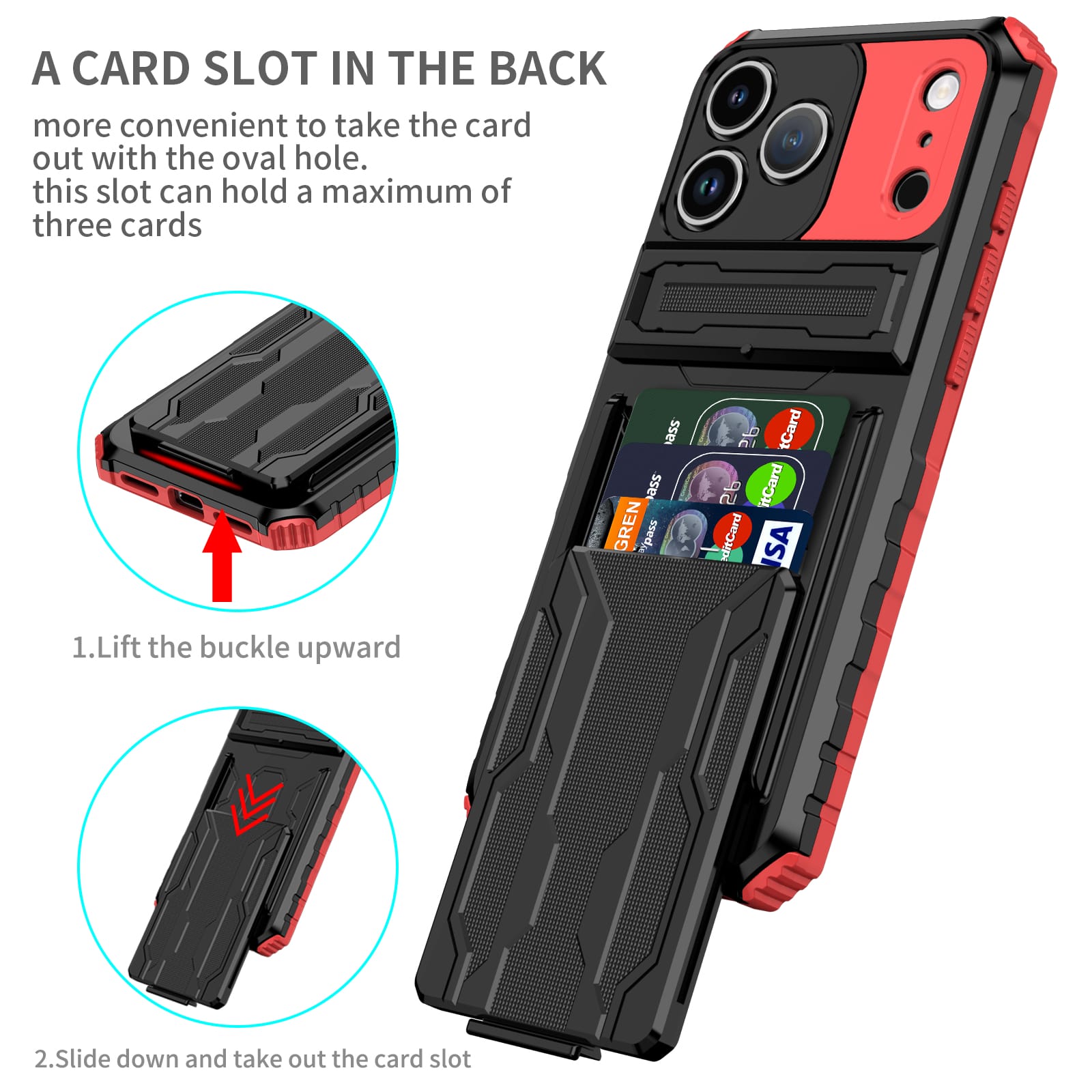 iPhone 17 Pro Max Rugged Case with Card Holder & Kickstand [Red]