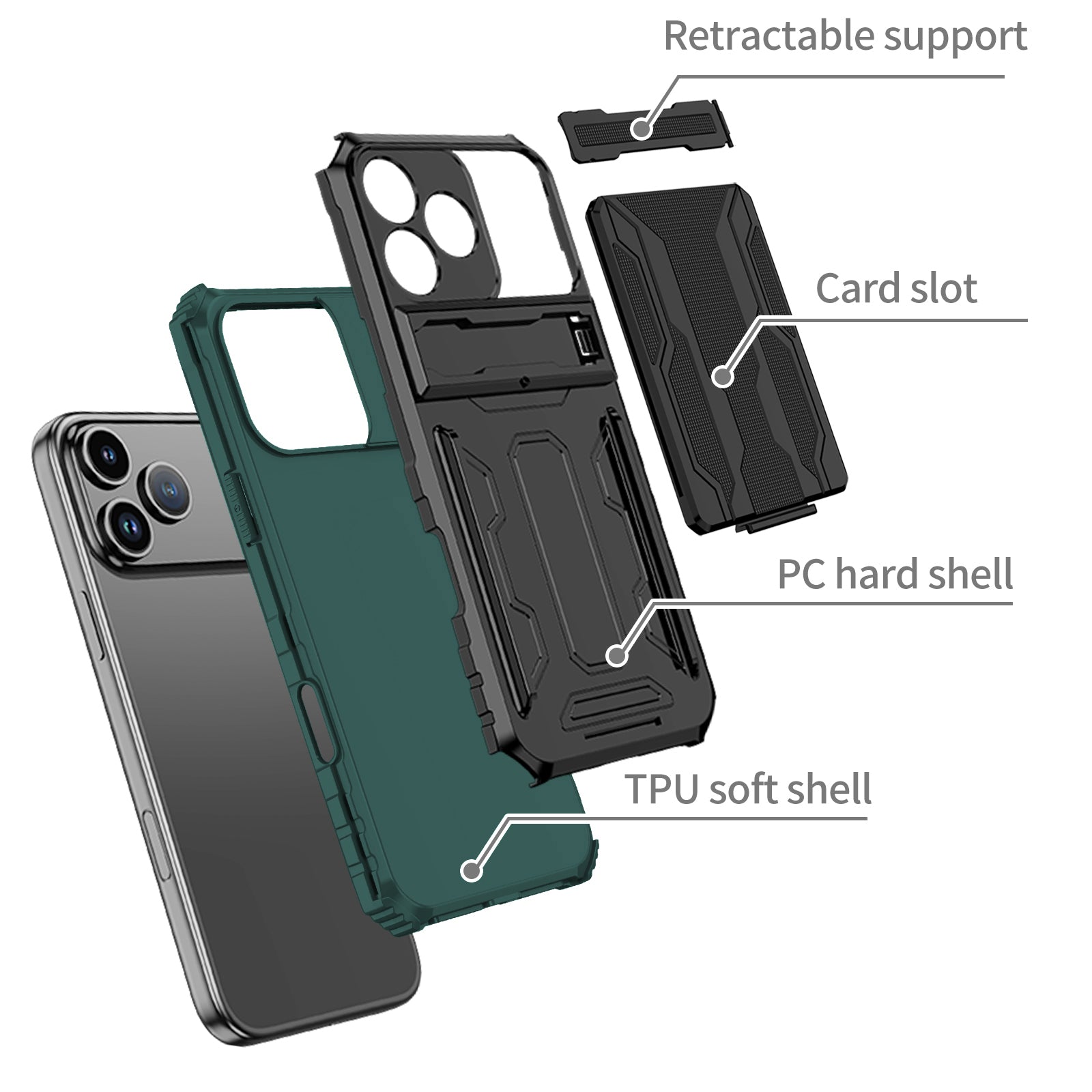iPhone 17 Pro Max Heavy Duty Kickstand Card Holder Case Shockproof Teal