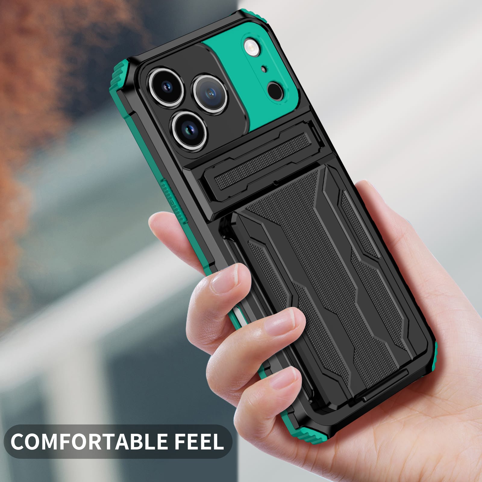 iPhone 17 Pro Max Rugged Case with Card Holder & Kickstand [Teal]