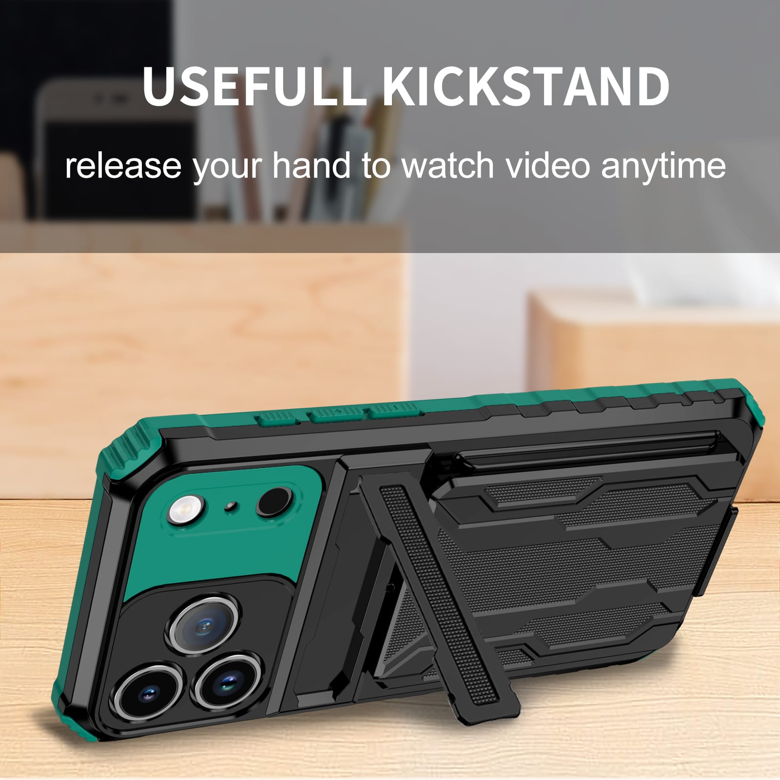 iPhone 17 Pro Max Rugged Case with Card Holder & Kickstand [Teal]
