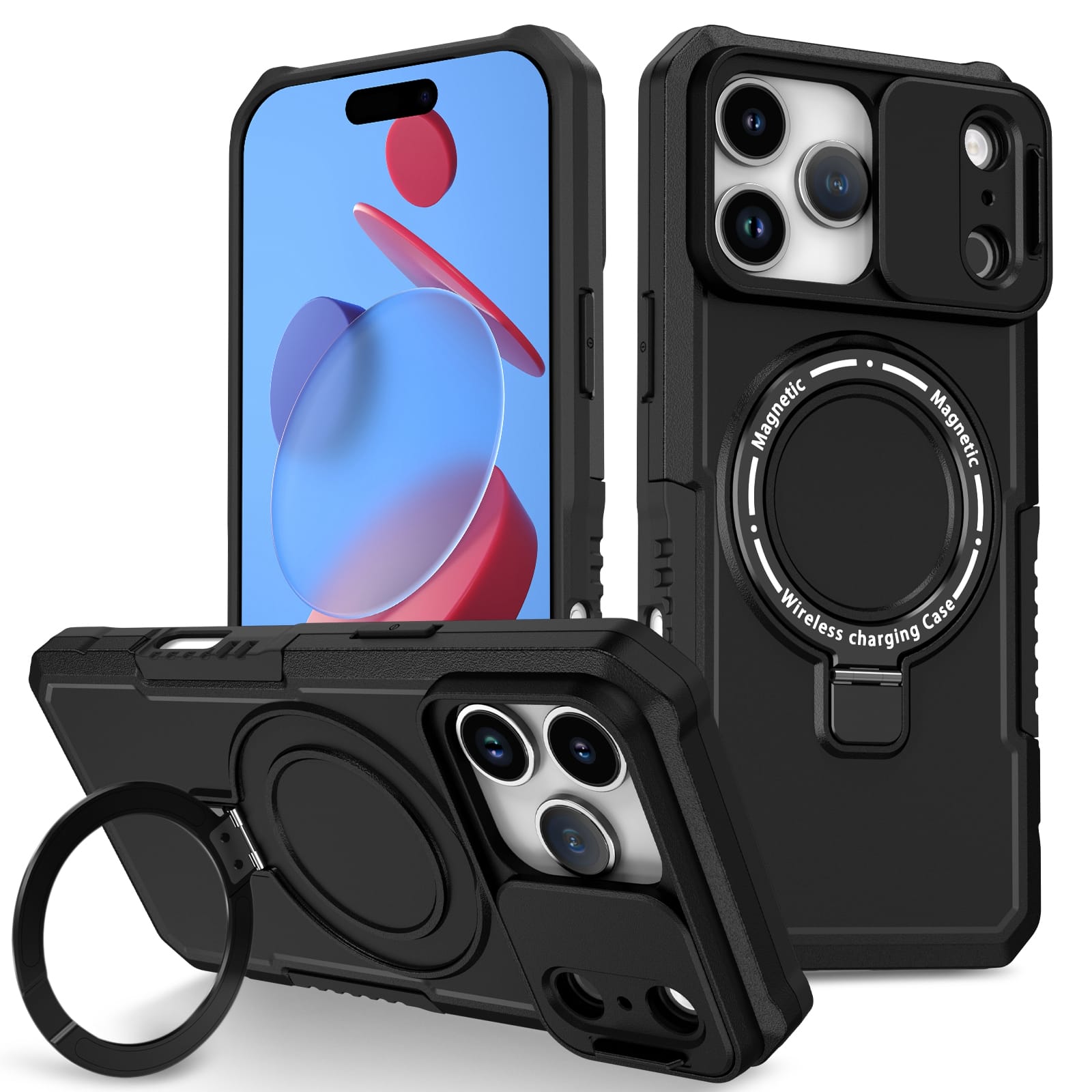 iPhone 18 Pro Max / 17 Pro Max MagSafe Case with Sliding Camera Cover & Ring Stand [Black]