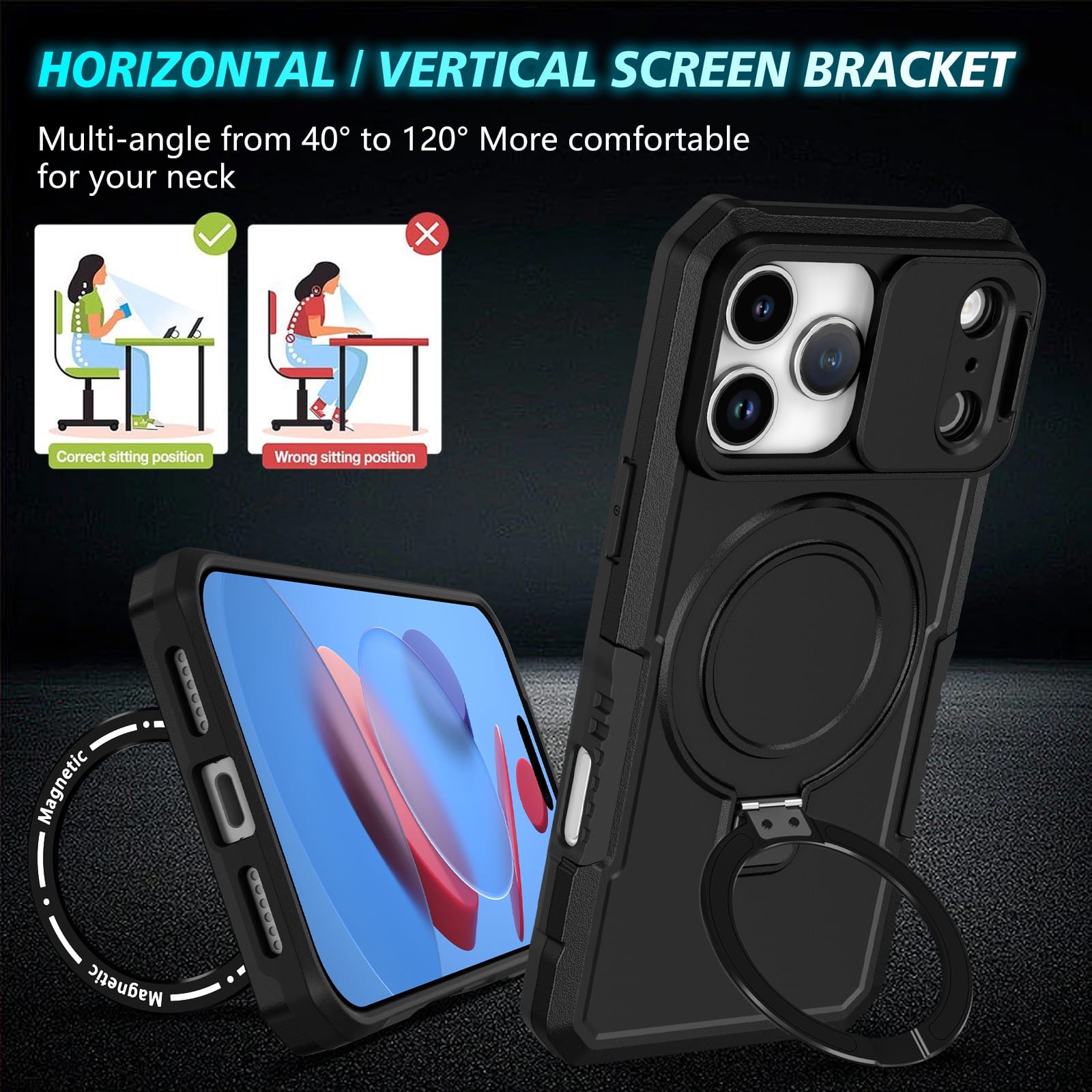 iPhone 17 Pro Max MagSafe Case with Sliding Camera Cover & Ring Stand [Black]