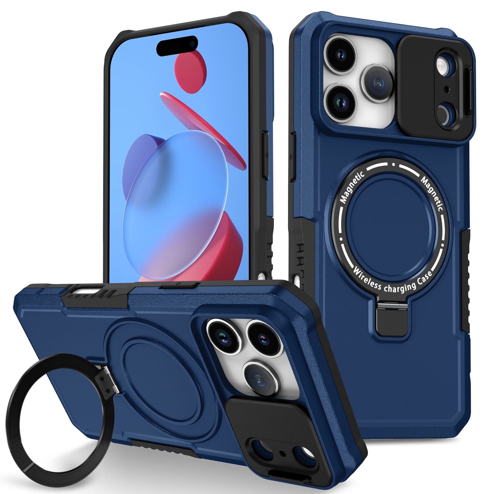 iPhone 17 Pro Max MagSafe Case with Sliding Camera Cover & Ring Stand [Navy]