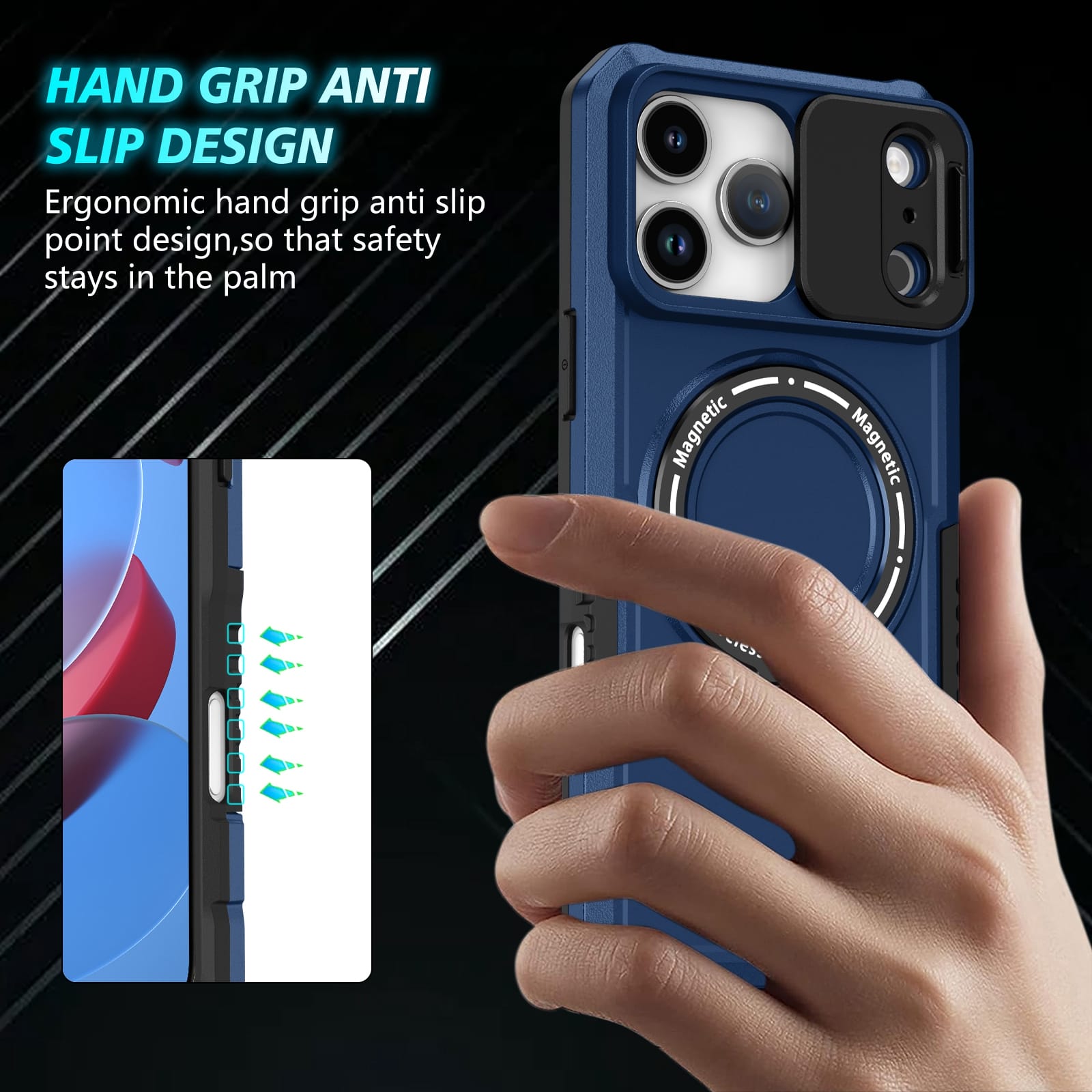 iPhone 17 Pro Max MagSafe Case with Sliding Camera Cover & Ring Stand [Navy]