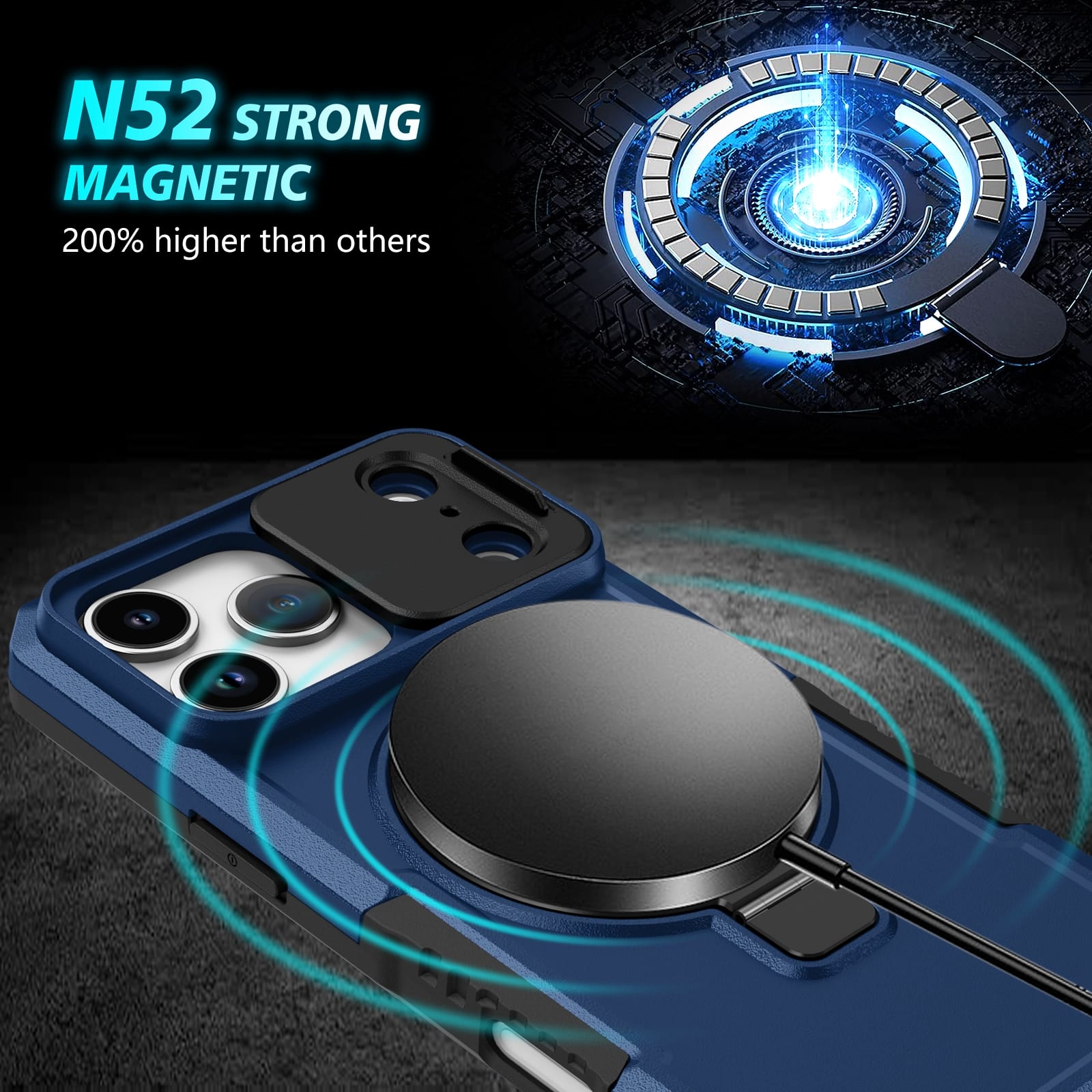 iPhone 17 Pro Max MagSafe Case with Sliding Camera Cover & Ring Stand [Navy]