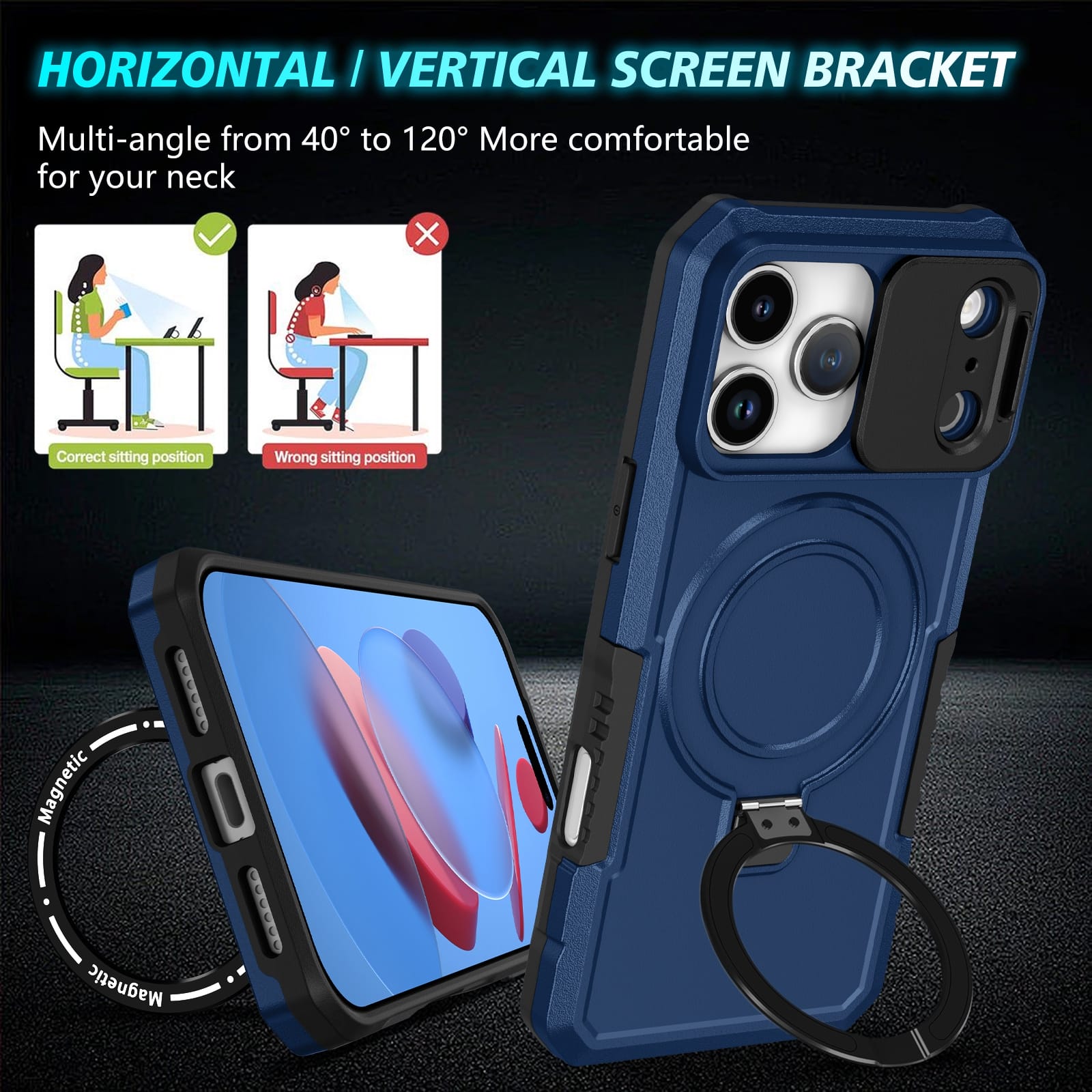 iPhone 17 Pro Max MagSafe Case with Sliding Camera Cover & Ring Stand [Navy]