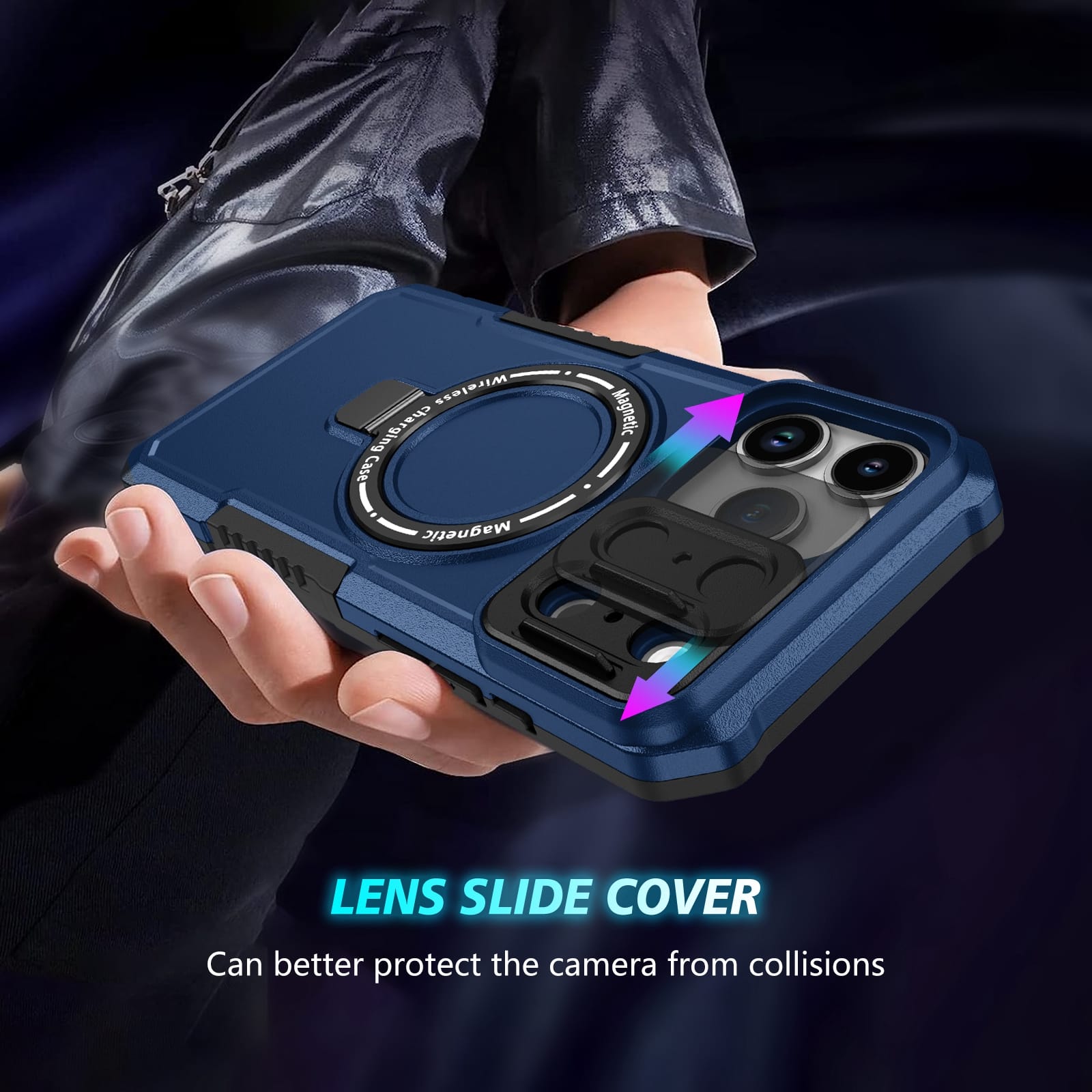iPhone 17 Pro Max MagSafe Case with Sliding Camera Cover & Ring Stand [Navy]
