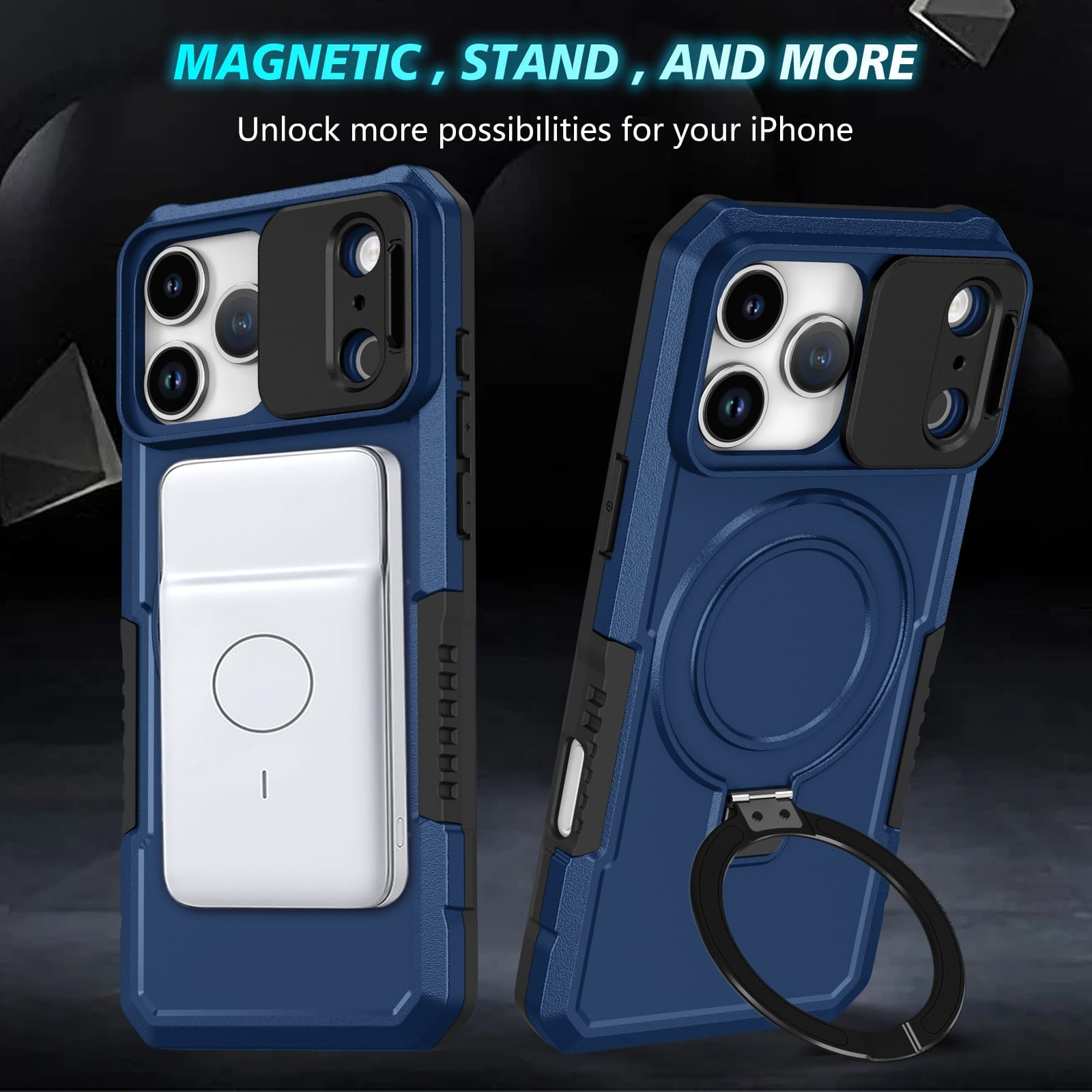 iPhone 17 Pro Max MagSafe Case with Sliding Camera Cover & Ring Stand [Navy]