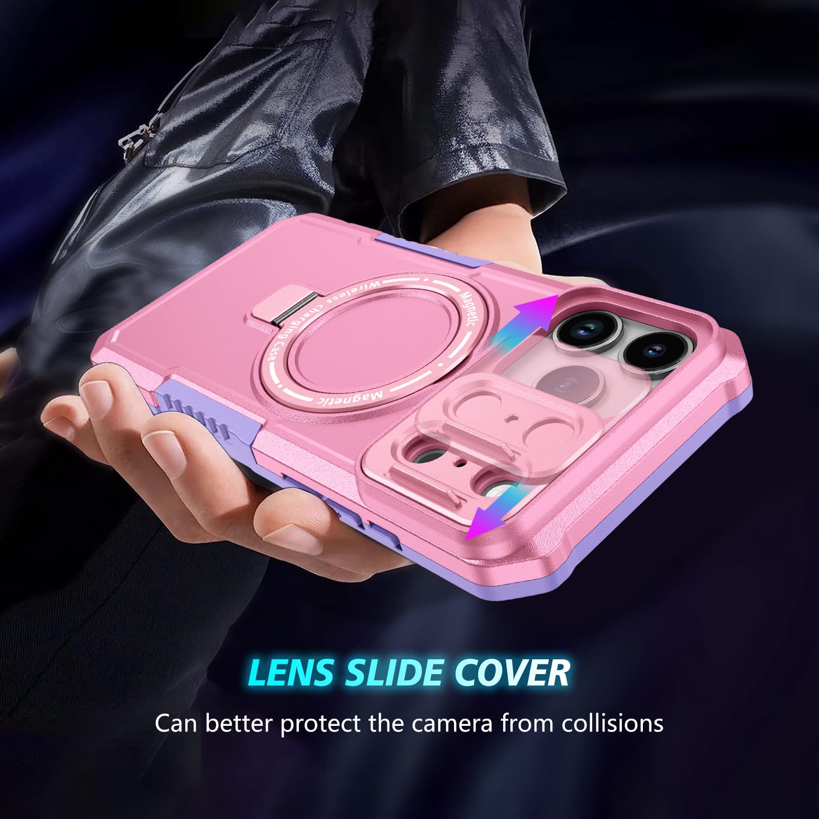 iPhone 17 Pro Max MagSafe Case with Sliding Camera Cover & Ring Stand [PinkWhite]