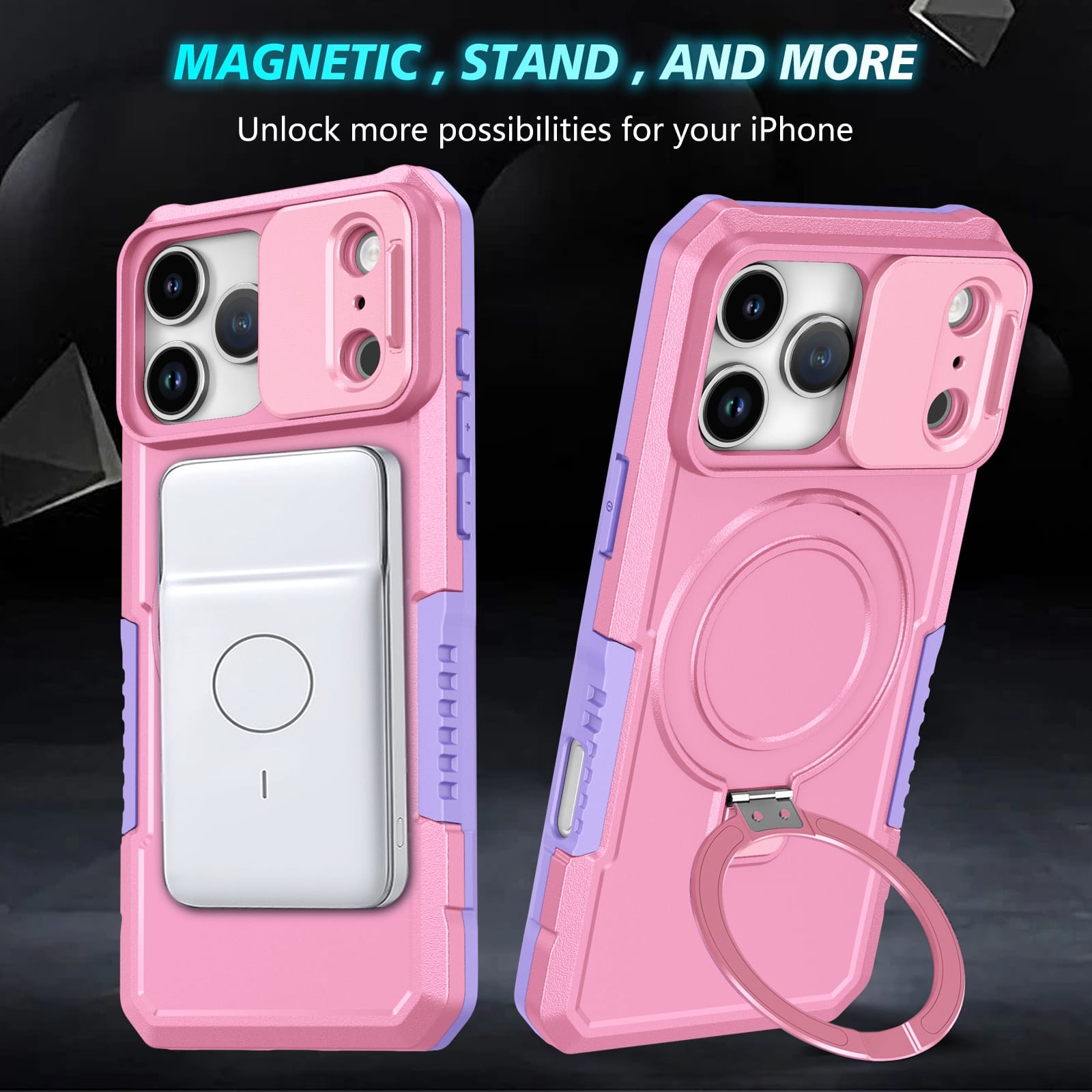 iPhone 17 Pro Max MagSafe Case with Sliding Camera Cover & Ring Stand [PinkWhite]