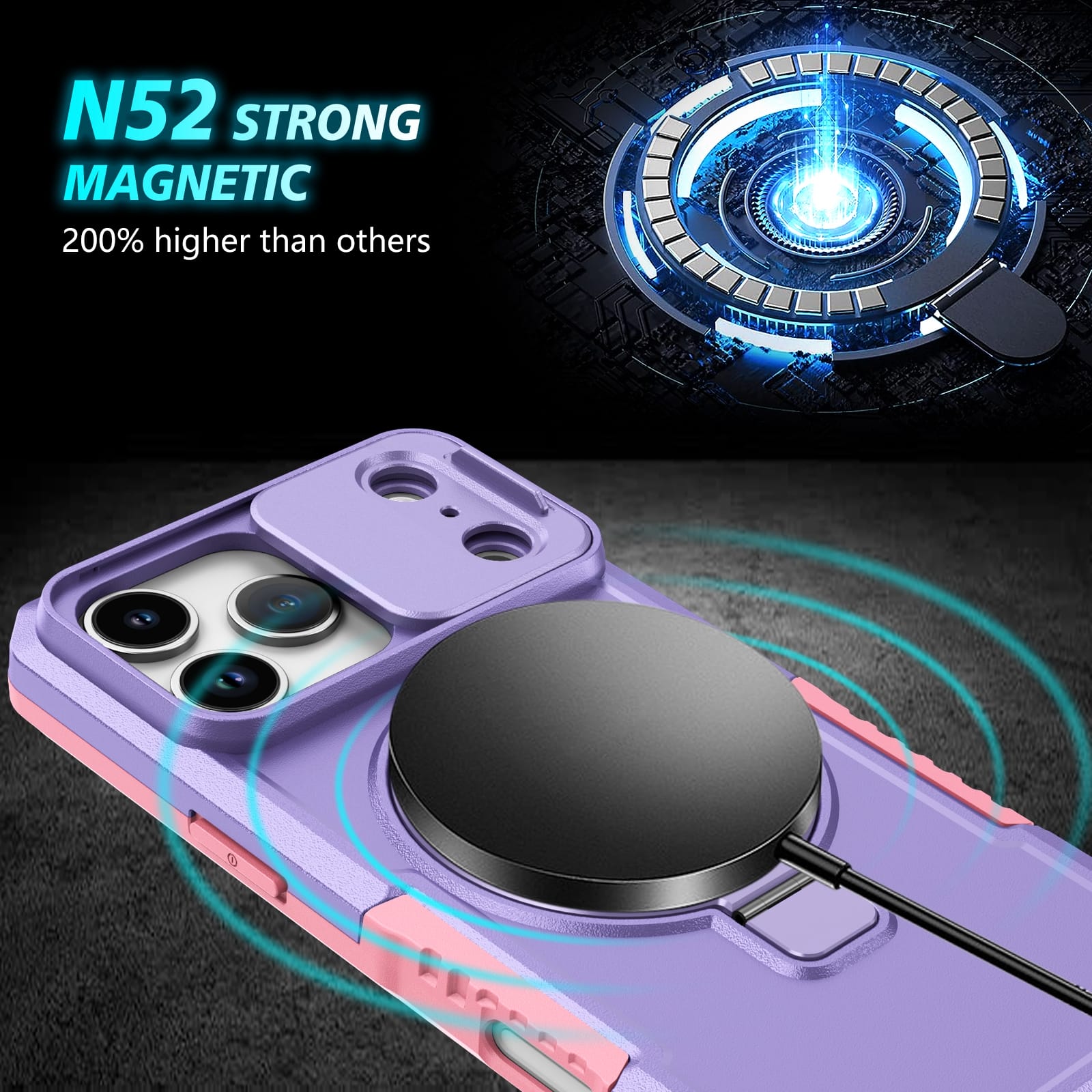 iPhone 17 Pro Max MagSafe Case with Sliding Camera Cover & Ring Stand [Purple]
