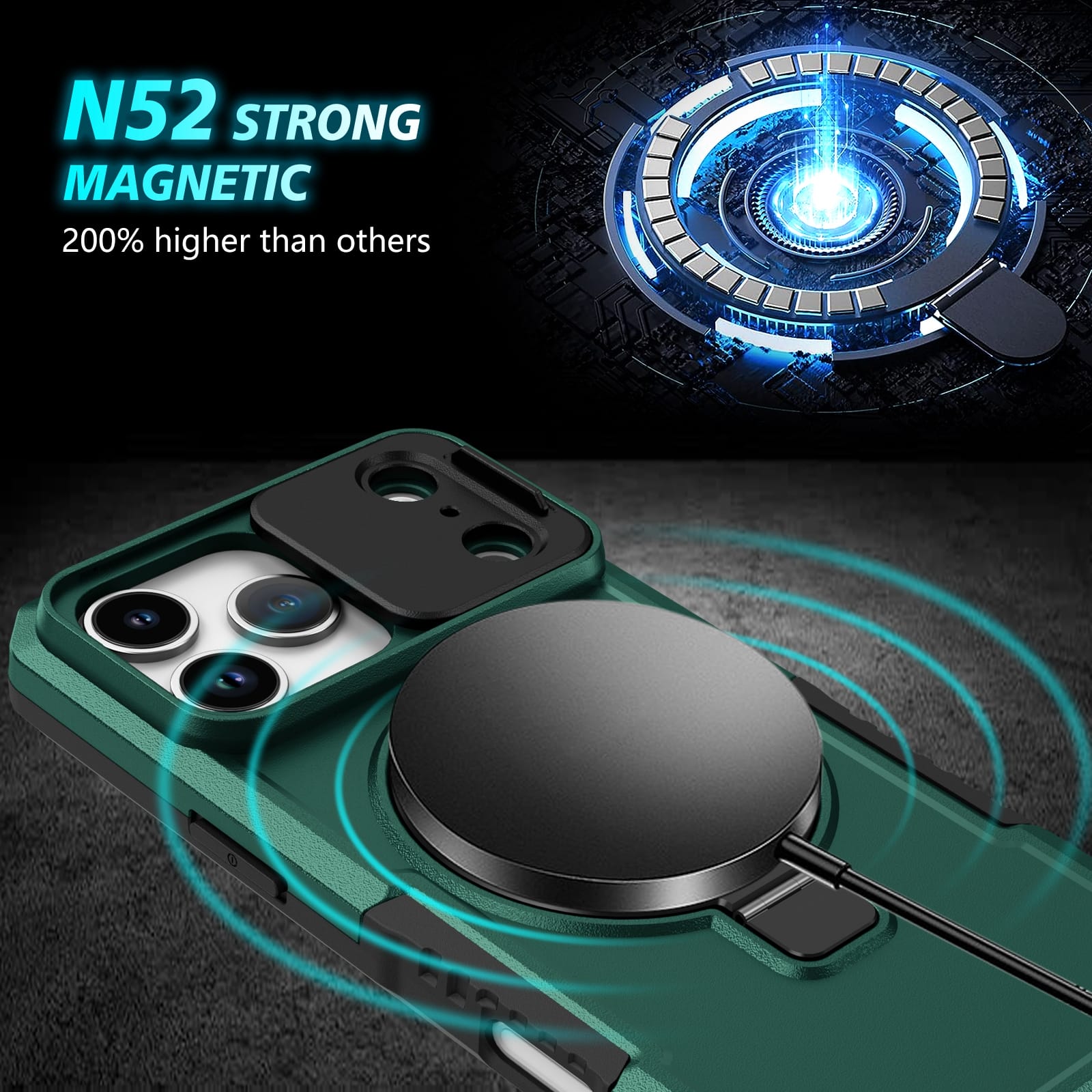 iPhone 17 Pro Max MagSafe Case with Sliding Camera Cover & Ring Stand [Teal]