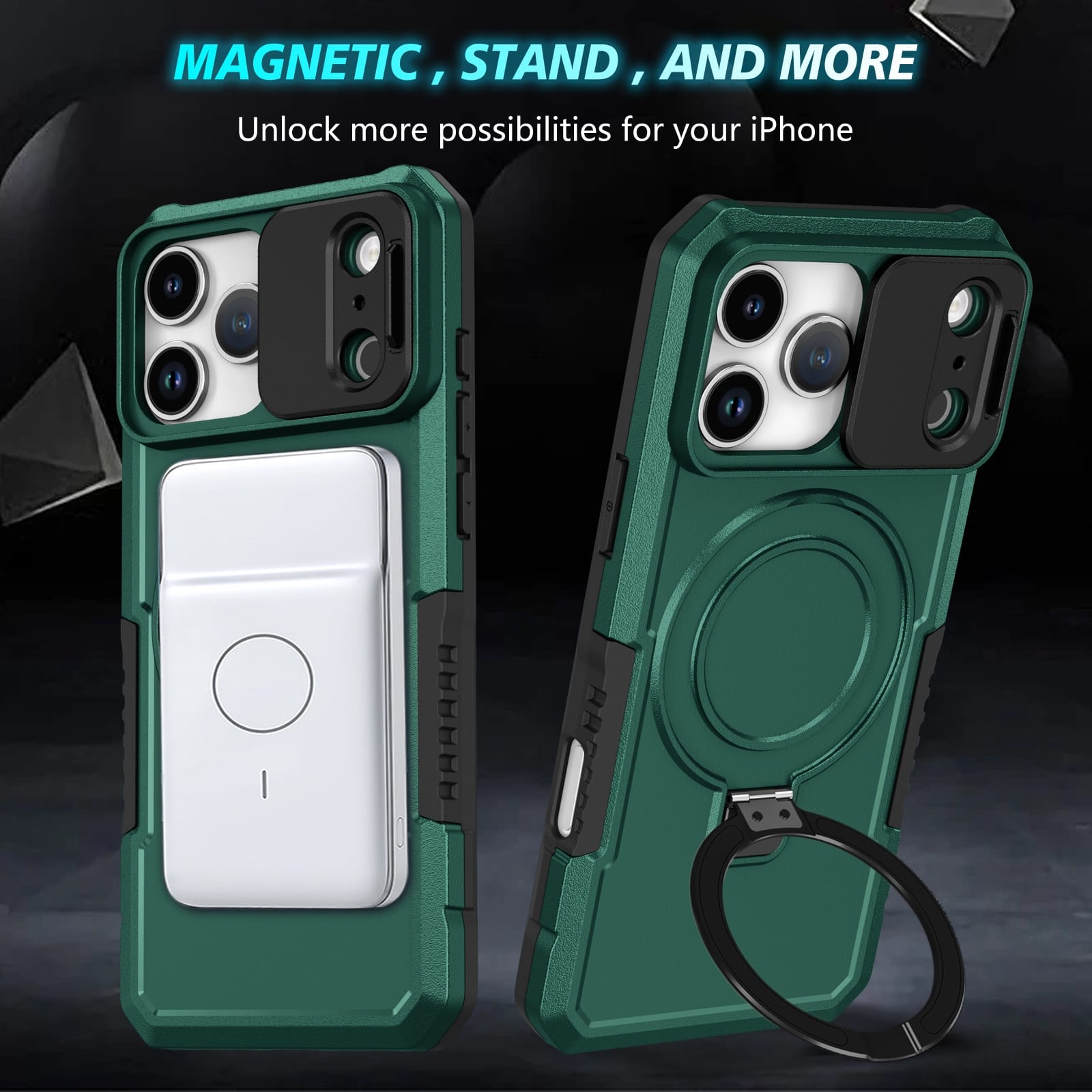 iPhone 17 Pro Max MagSafe Case with Sliding Camera Cover & Ring Stand [Teal]
