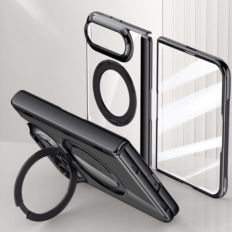iPhone Duo Clear Magnetic Case - 360° Rotating Ring Stand & Hinge Shield [Black]